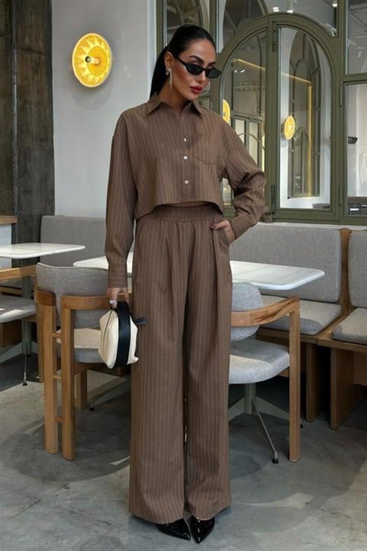 velmorafashion Crop Gömlekli Çizgili Takım 10080