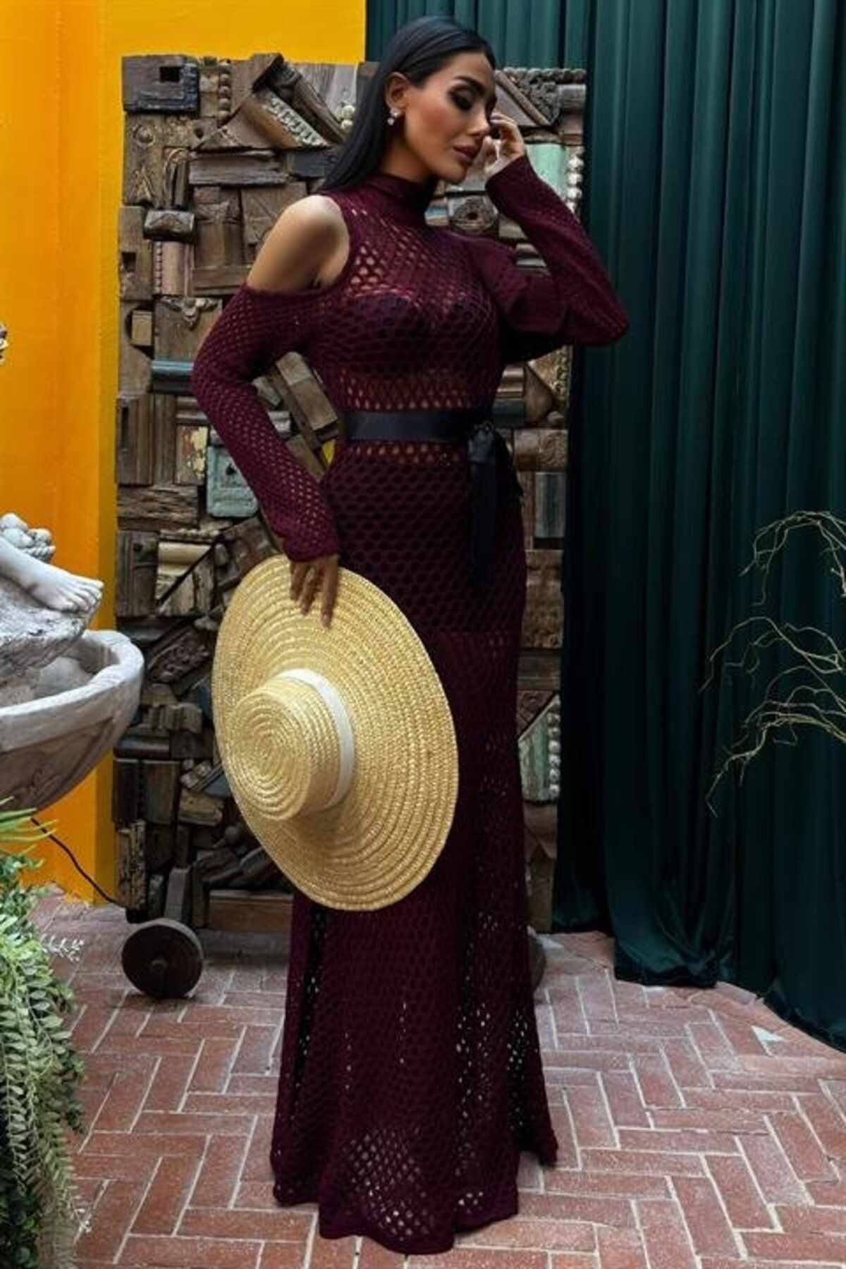 velmorafashion Saten Kuşaklı Ajurlu Triko Elbise 2847