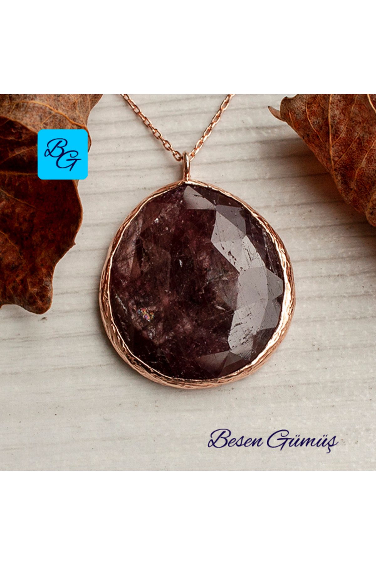 Besen Gümüş Rose Yuvarlak Doğal Yakut Taşlı Kolye