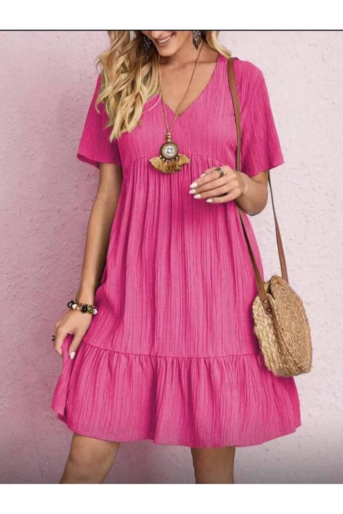 velmorafashion Kadın V Yaka, Fırfırlı Bürümcük Kumaş Elbise
