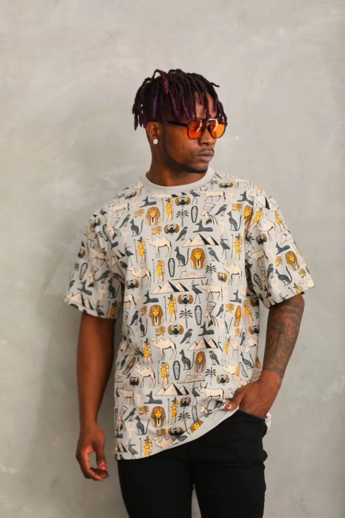 FantaziAtölyesi Unisex Oversize Baskılı Bisiklet Yaka T-Shirt - Gri