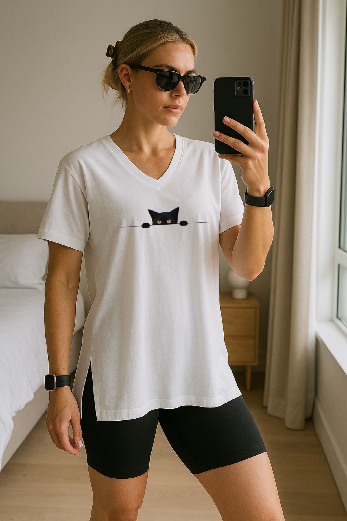 Minikelya MİNİKELYA Beyaz V Yaka oversize tişört ve Siyah dizüstü toparlayıcı push-up tayt 2li spor takımı