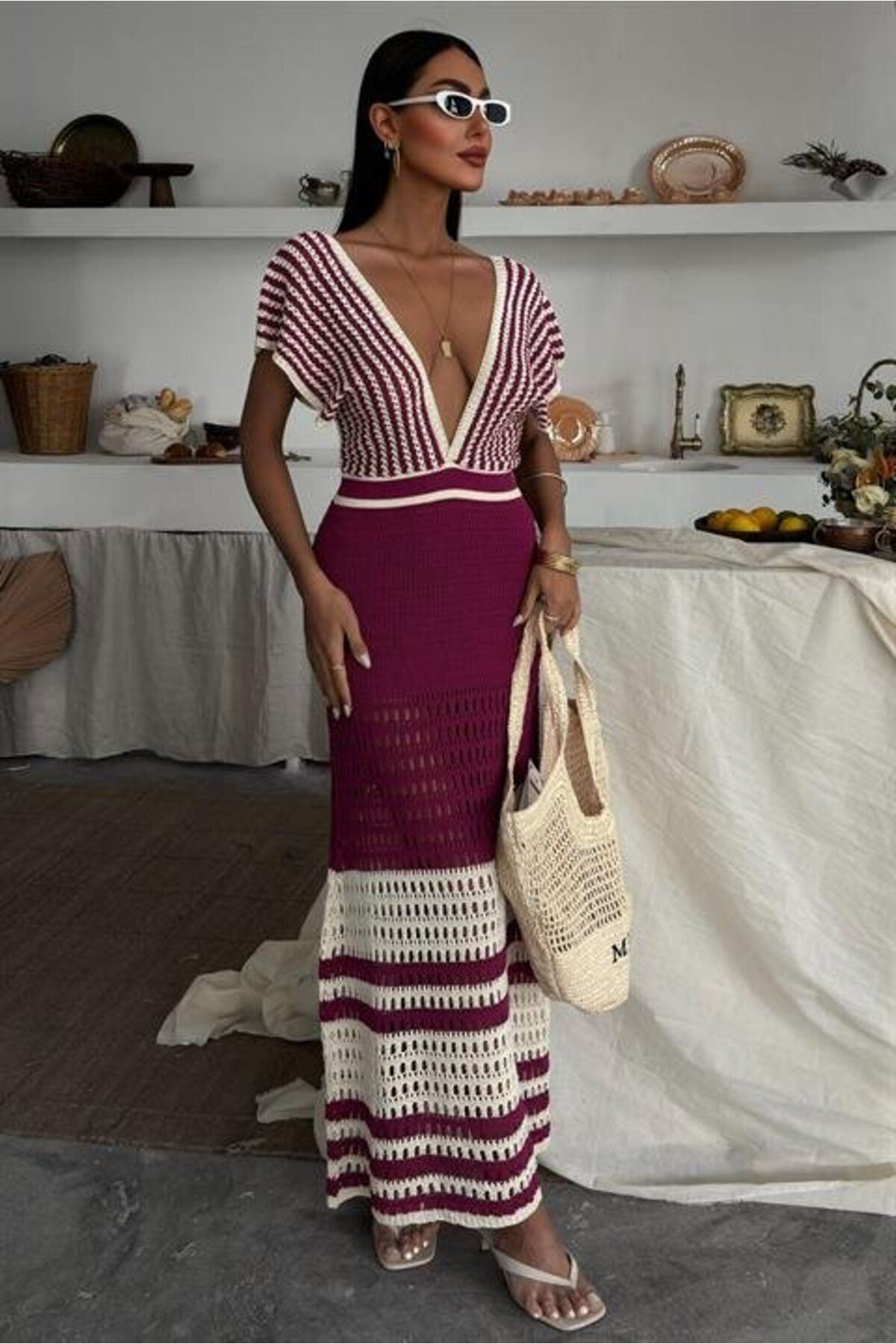 velmorafashion Omuzu Çizgili Ajurlu Triko Elbise 2868