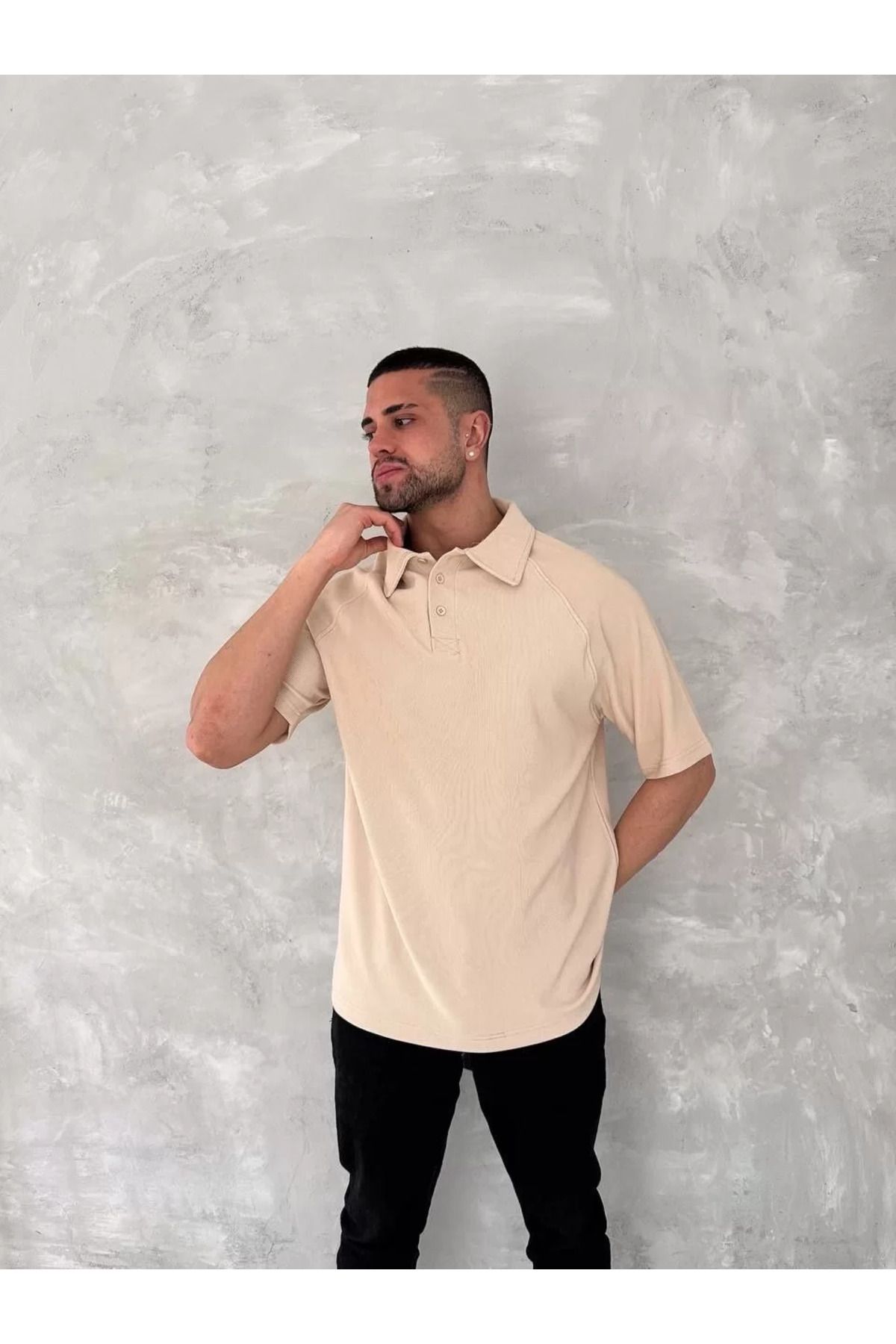 FantaziAtölyesi Yakalı Patlı Kısa Kol T-shirt - Bej