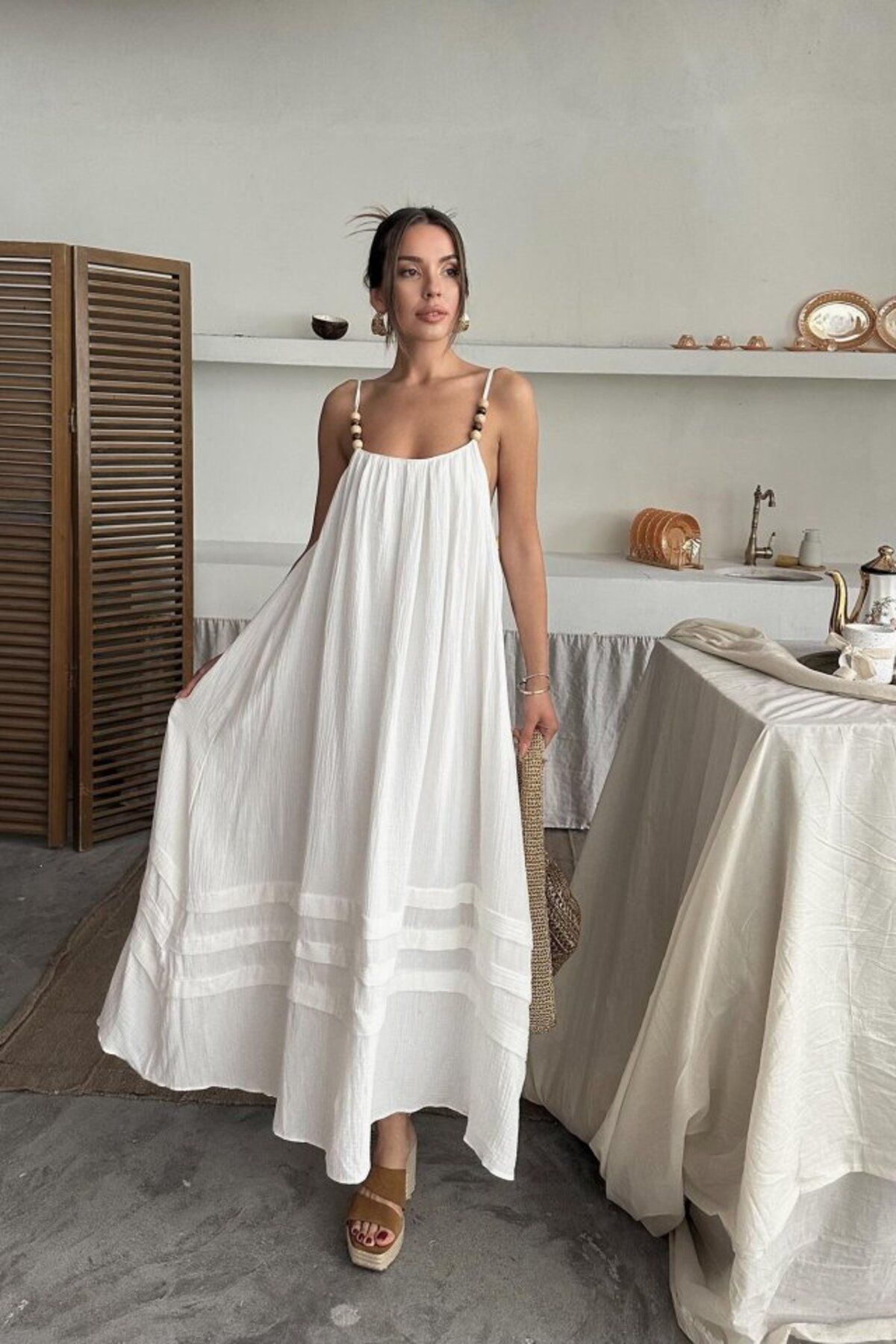 velmorafashion Ekru Askılı Müslin Elbise