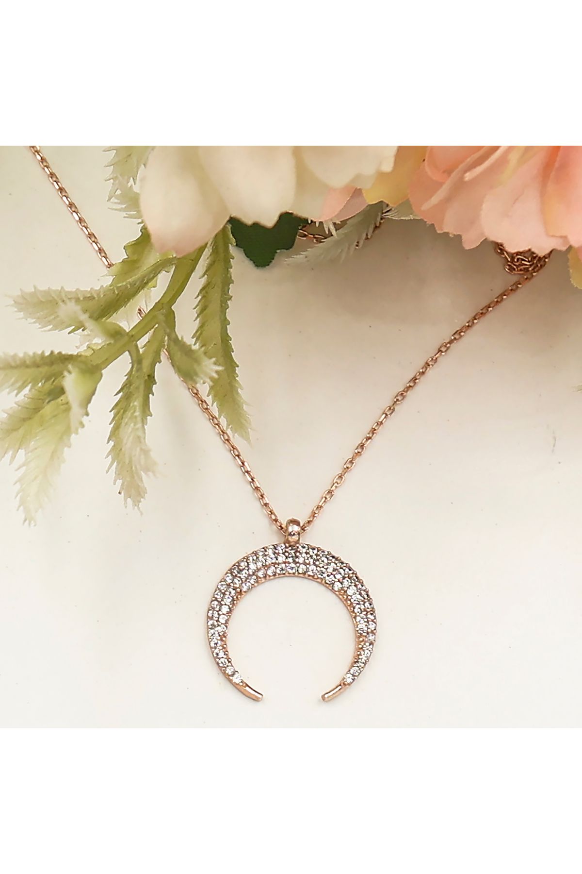 Besen Gümüş Rose Zirkon Taşlı Büyük Hilal Kolye