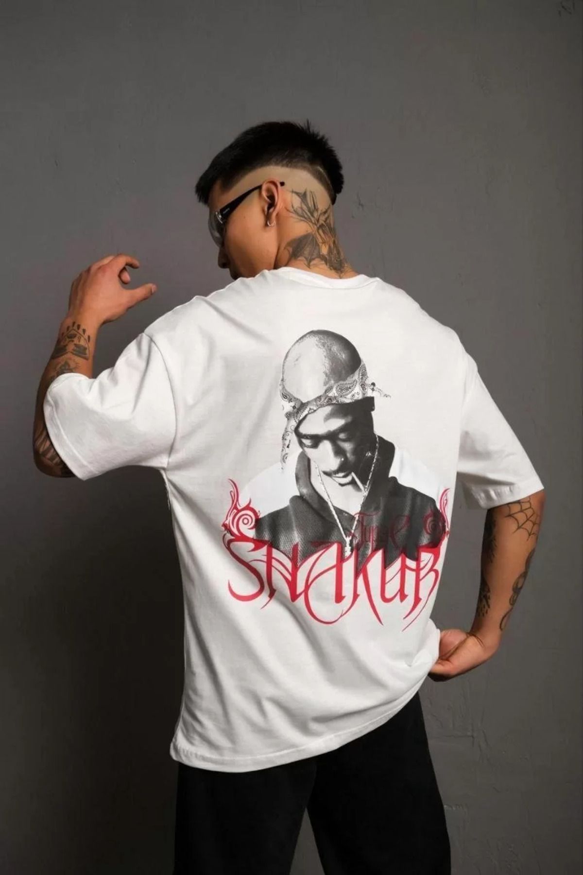 FantaziAtölyesi Erkek Sırt Baskılı Oversize T-Shirt - Beyaz