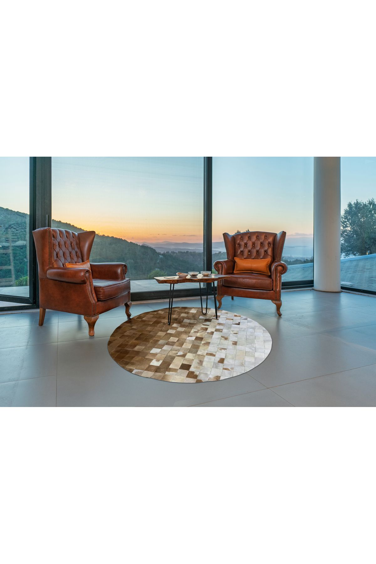 Barrio Rico %100 Doğal Dana Derisi Kaymaz Taban Premium Yuvarlak Patchwork Halı - Kahverengi Beyaz