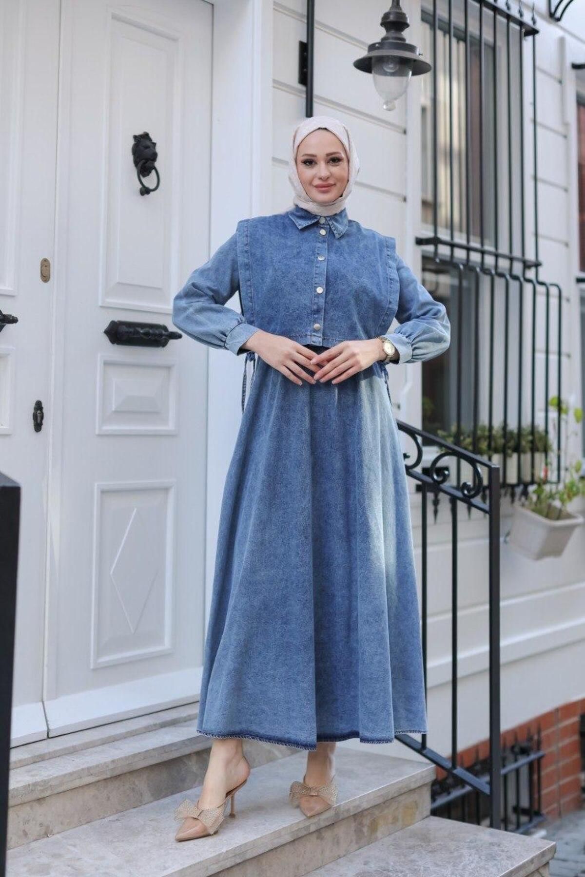 SBL COLLECTION Kadın Yanları Bağlamalı Tesettür Denim Kot Elbise