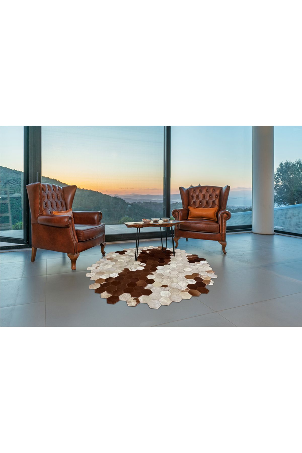 Barrio Rico %100 Doğal Dana Derisi Kaymaz Taban Premium Yuvarlak Patchwork Halı - Kahverengi Beyaz