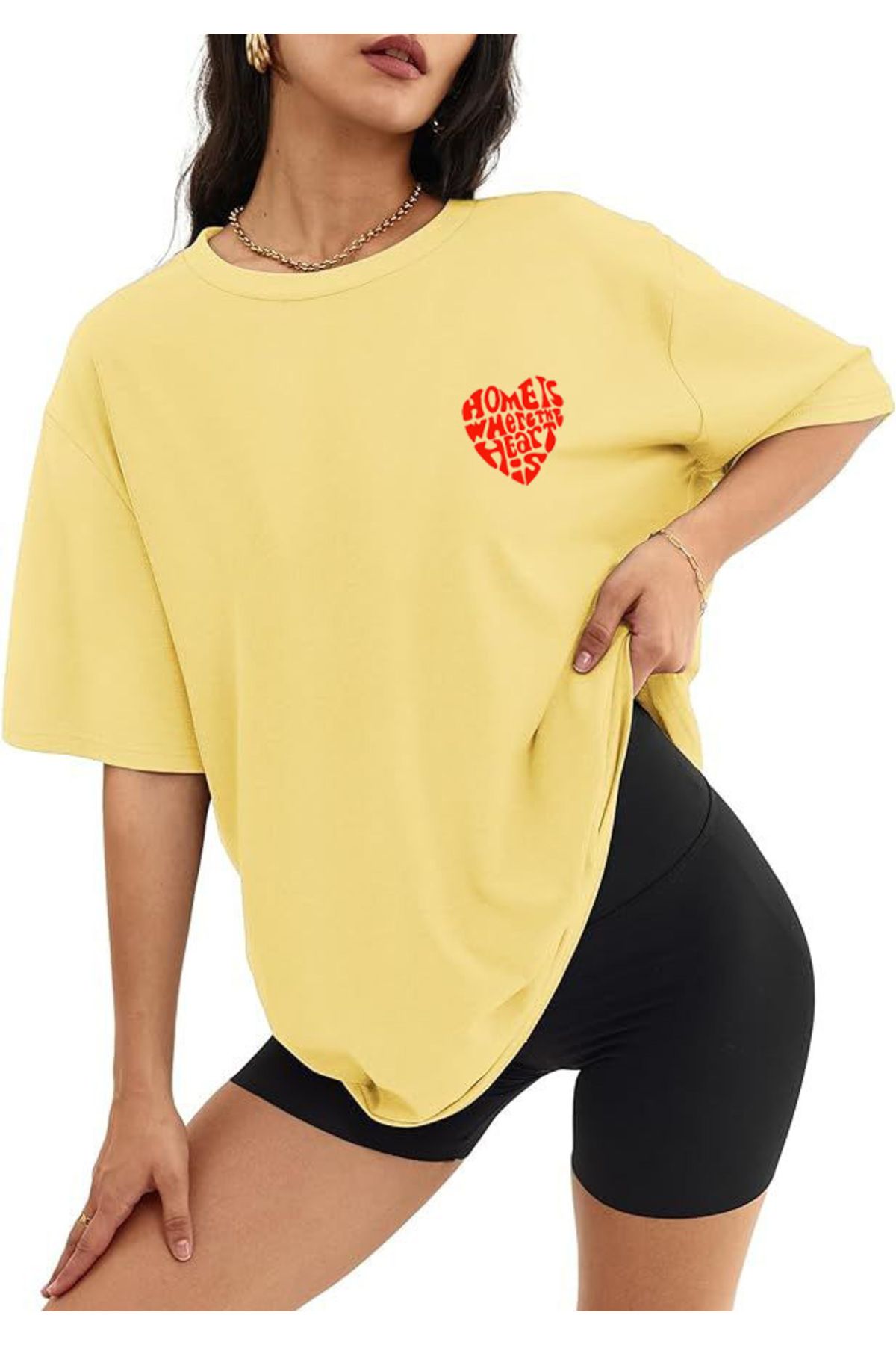 SEL WEAR Kadın yazlık pamuklu kumaş (HEART) baskılı oversize t-shirt