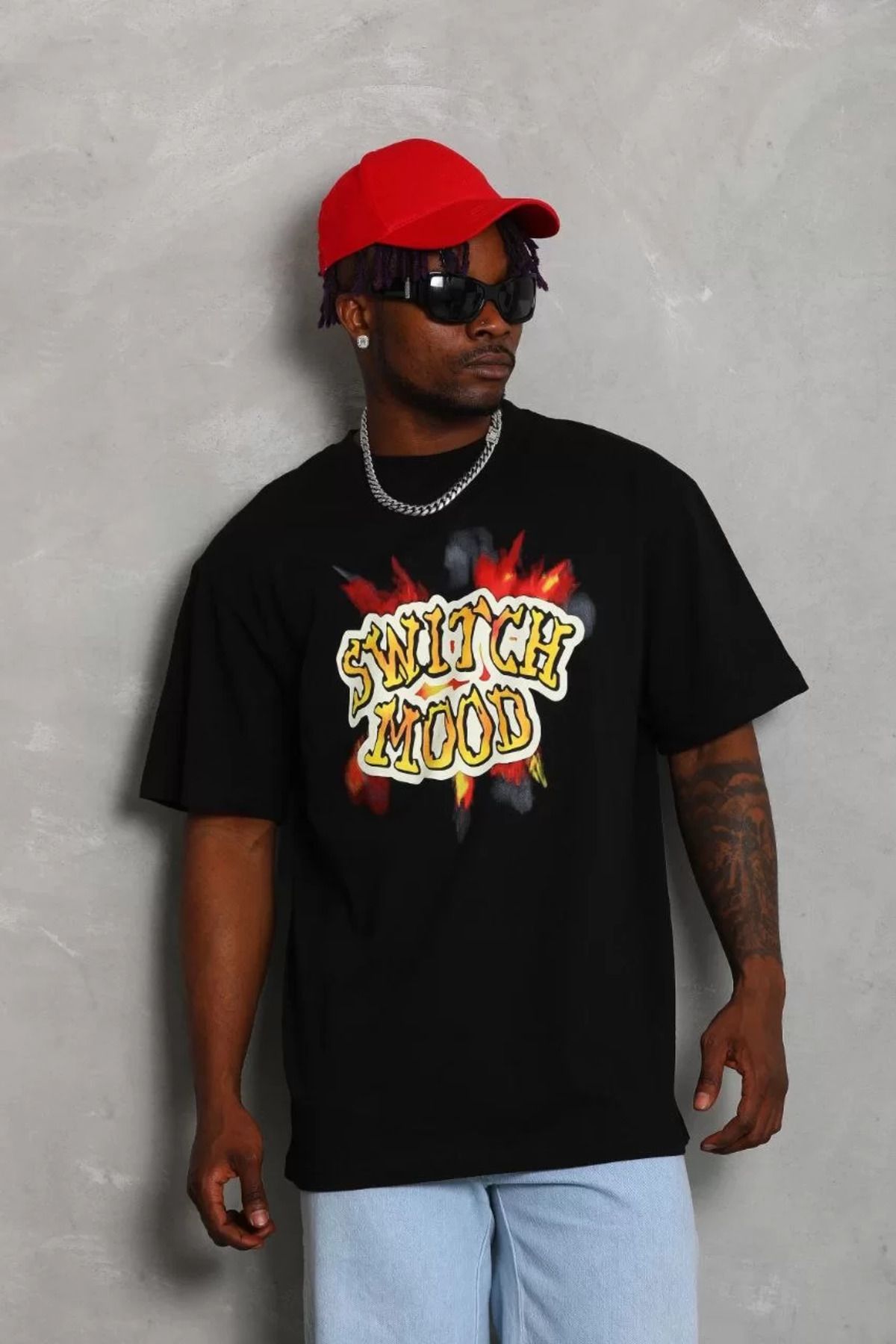 FantaziAtölyesi Unisex Oversize Baskılı Bisiklet Yaka T-Shirt - Siyah