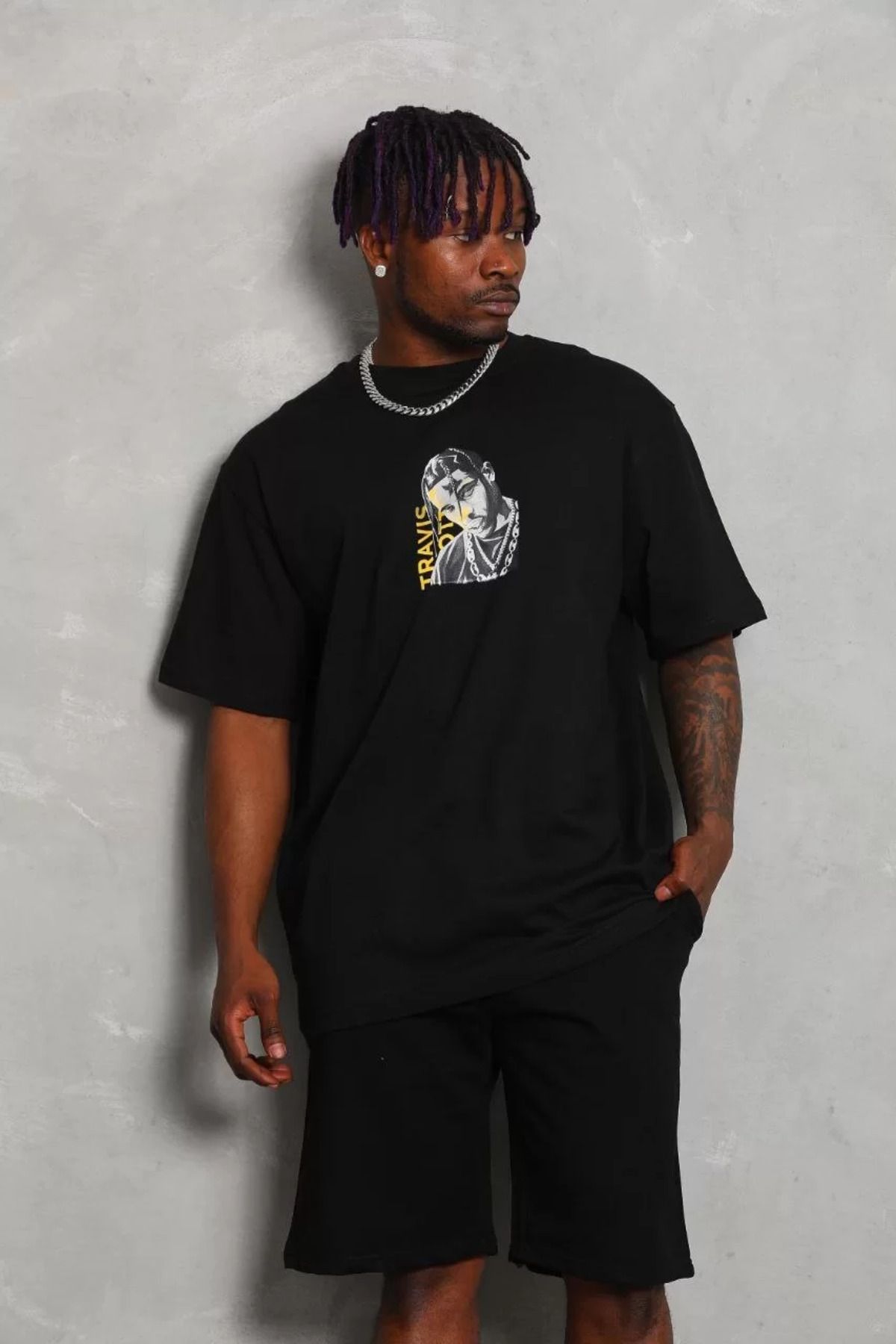 FantaziAtölyesi Unisex Oversize Baskılı Bisiklet Yaka T-Shirt - Siyah