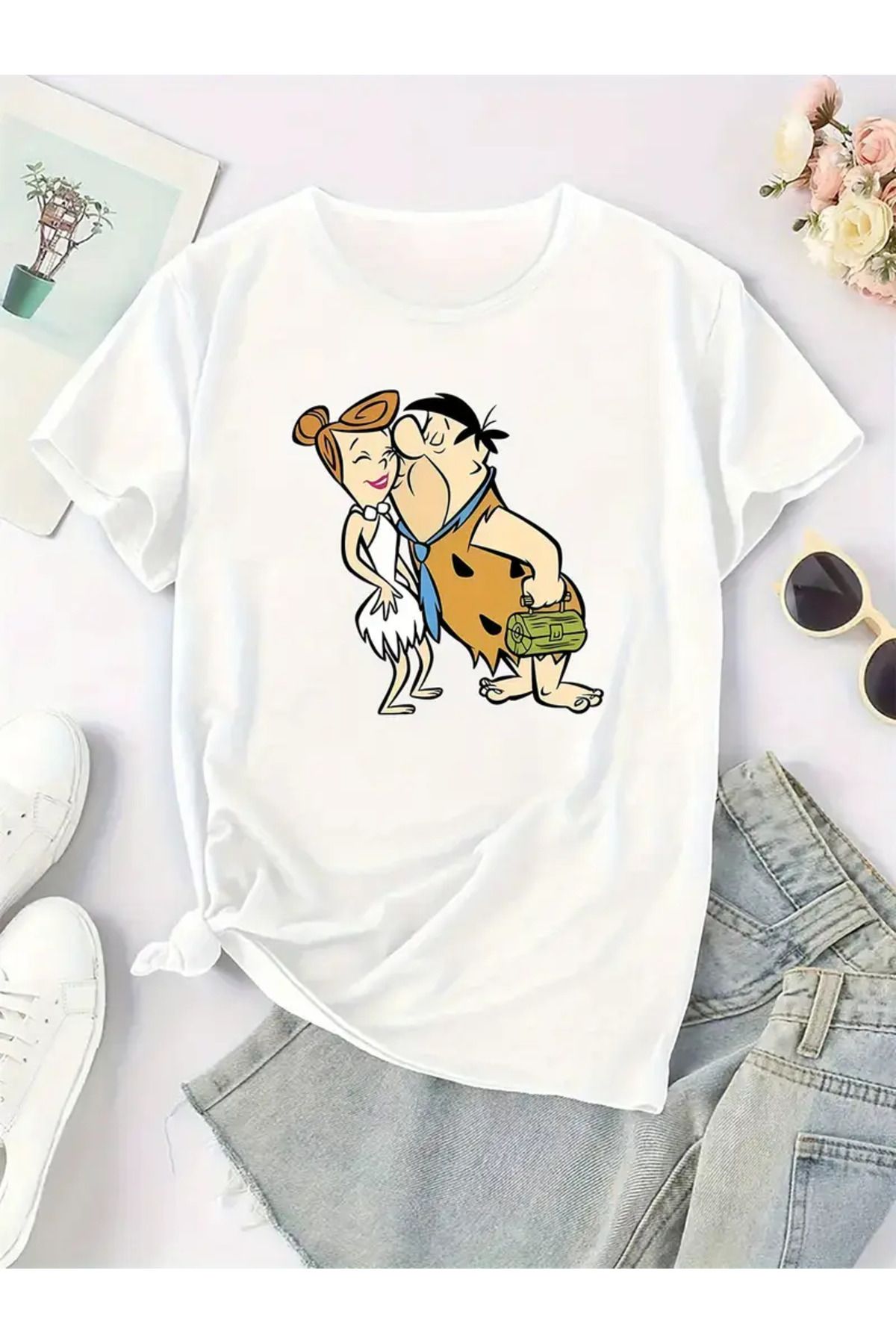AEMİ Unisex Taş Devri Baskılı %100 Pamuk Oversize T-shirt