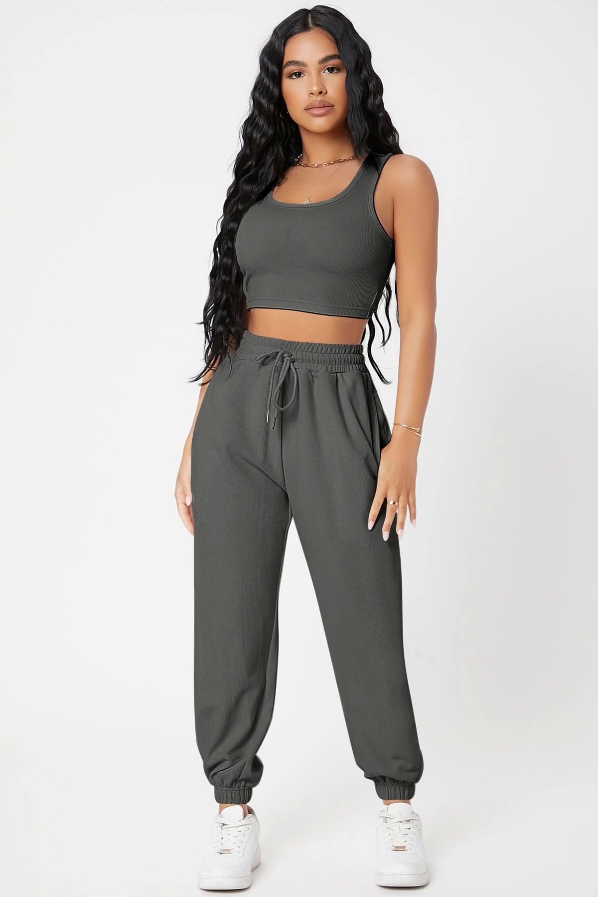 Nemere Kadın Antrasit Gri Kaşkorse Cepli Jogger Eşofman Altı ve Crop Top Bluz