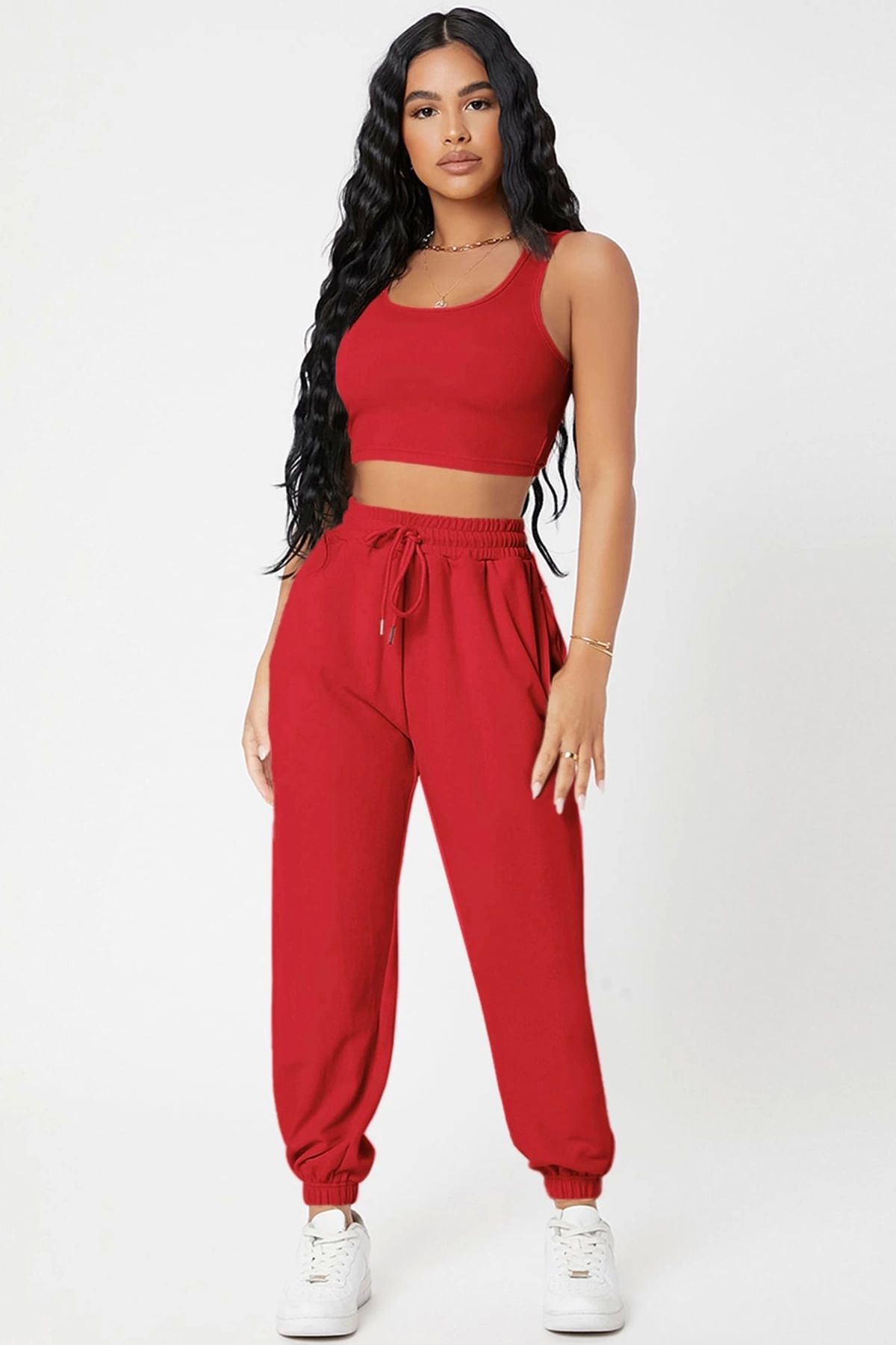 Nemere Kadın Kırmızı Kaşkorse Cepli Jogger Eşofman Altı ve Crop Top Bluz
