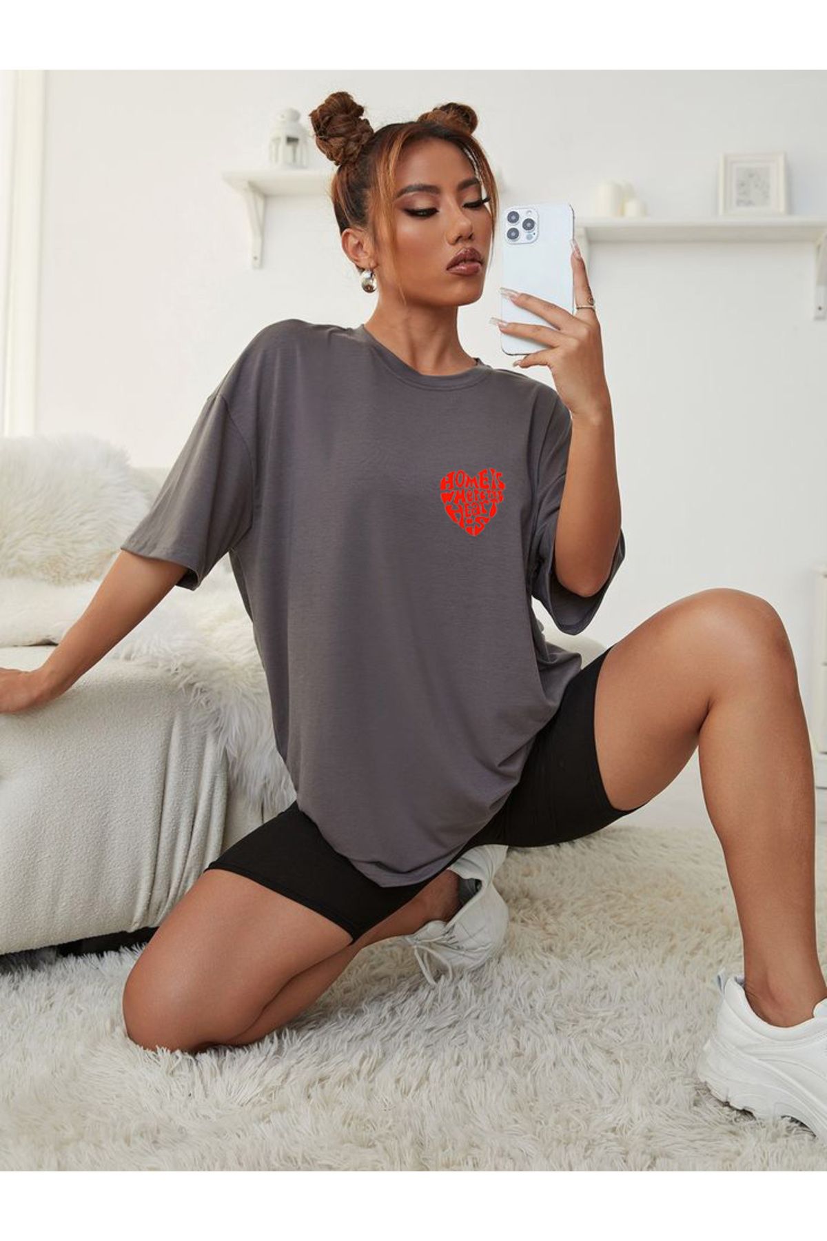 SEL WEAR Kadın yazlık pamuklu kumaş (HEART) baskılı oversize t-shirt
