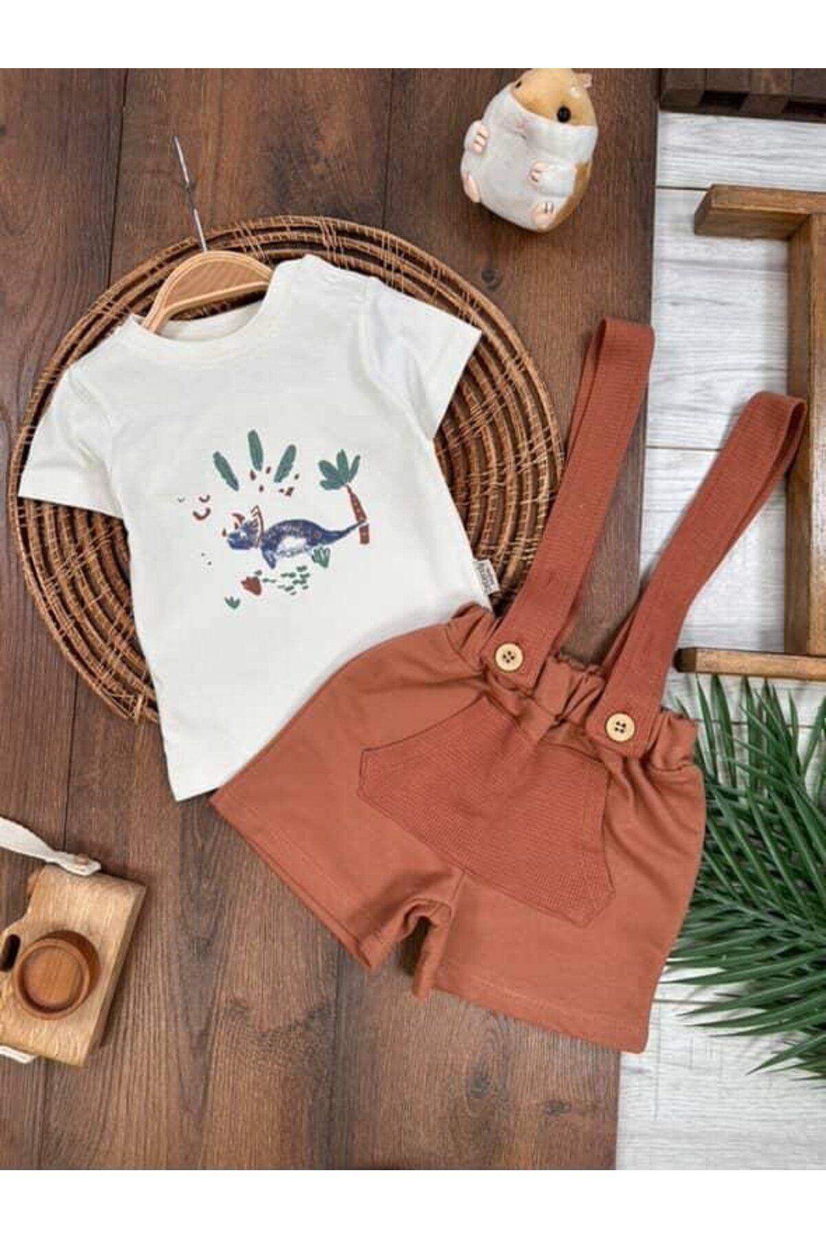 Kids Kingdom Kahverengi Dinazor Detaylı Kanguru Cepli Çıtçıtlı Düğmeli 2li Erkek Bebek Takım CGN1231351K12