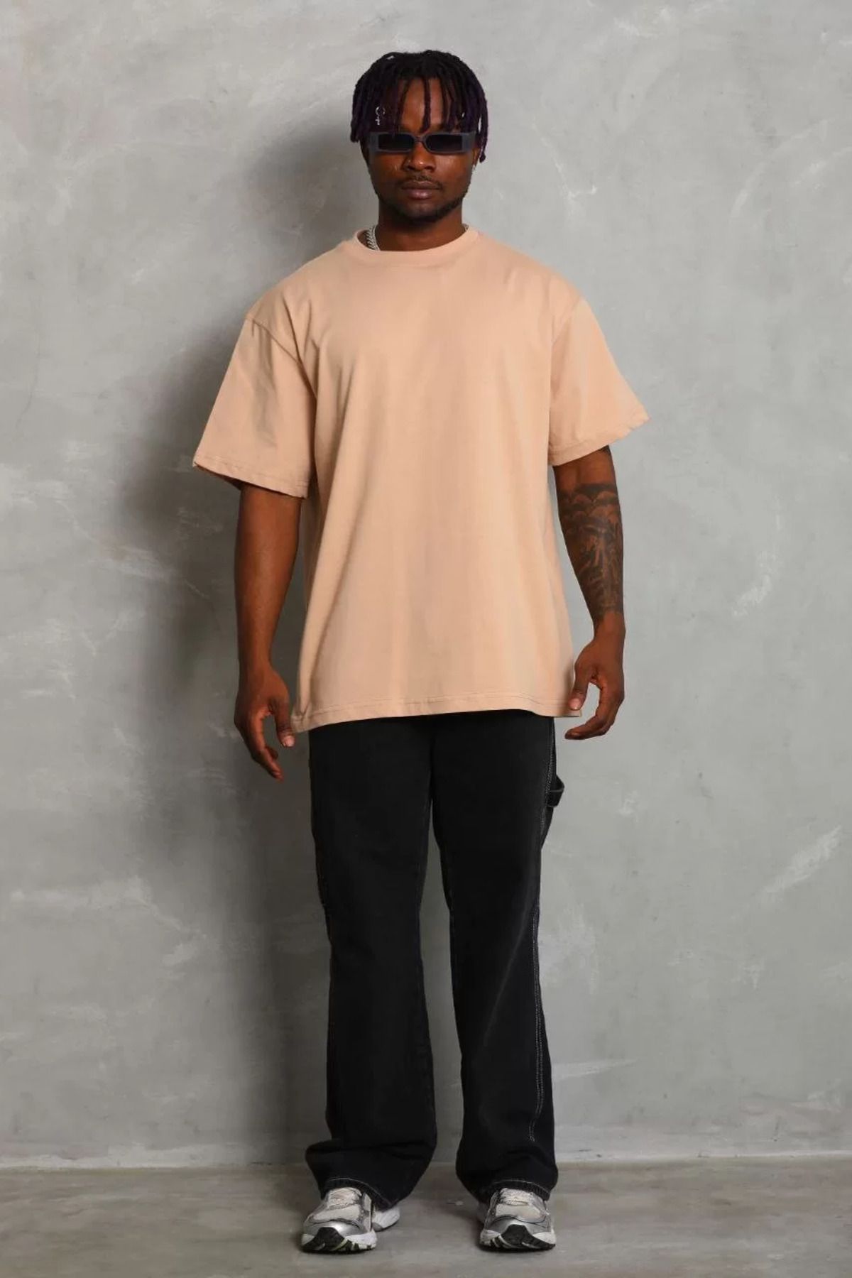 FantaziAtölyesi Unisex Oversize Düz Bisiklet Yaka T-Shirt - Bej