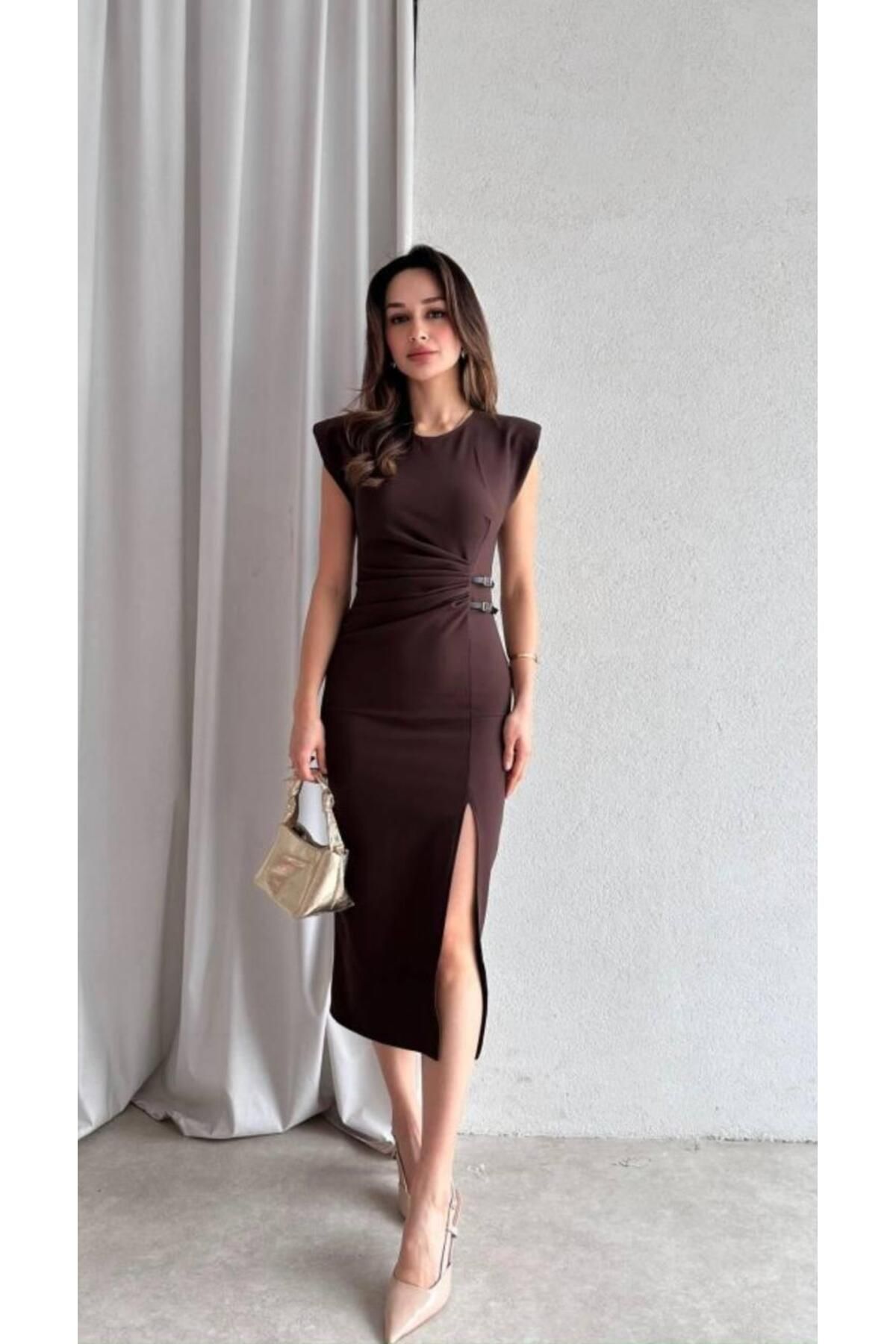 mafdress Kadın Kahverengi Krep Kumaş Vatkalı Abiye Mezuniyet Elbisesi