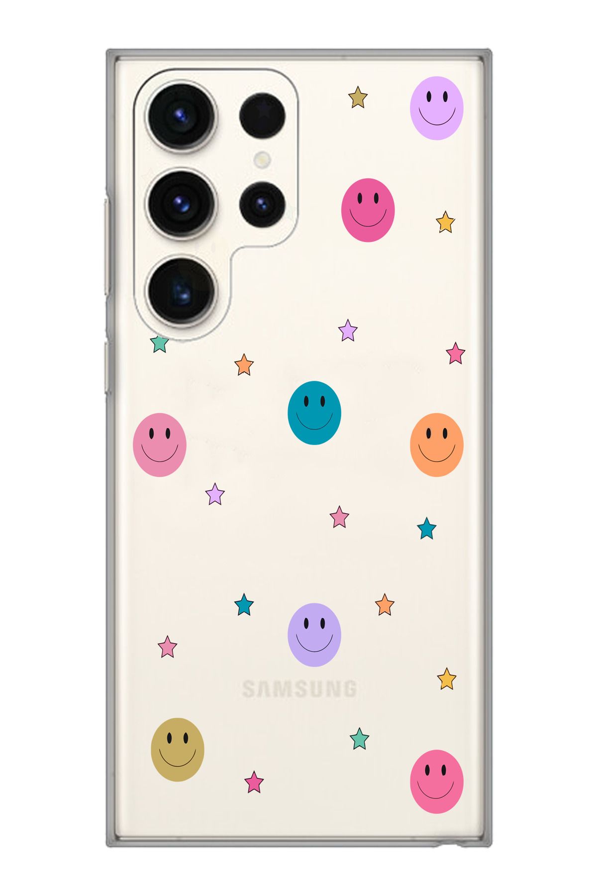 moonset Samsung Galaxy S25 Ultra Uyumlu Gülen Yüz ve Yıldızlar Tasarımlı Baskılı Şeffaf Telefon Kılıfı