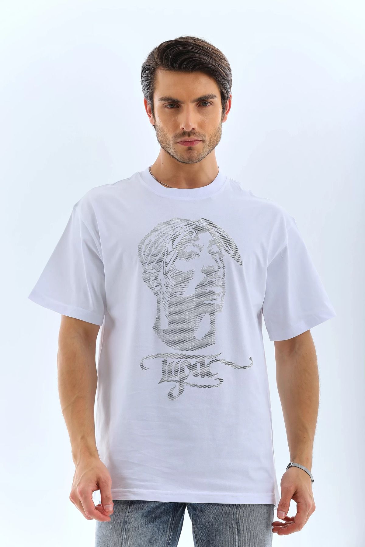 FantaziAtölyesi Unisex Oversize Taşlı Bisiklet Yaka T-Shirt - Beyaz