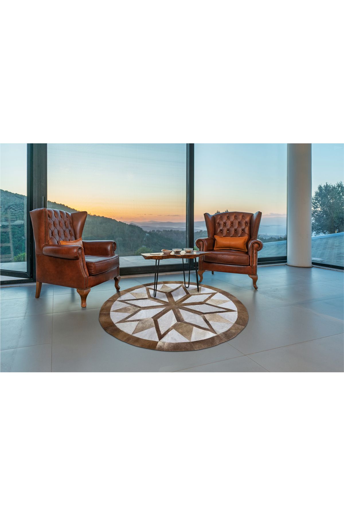 Barrio Rico %100 Doğal Dana Derisi Kaymaz Taban Premium Yuvarlak Patchwork Halı - Kahverengi Beyaz