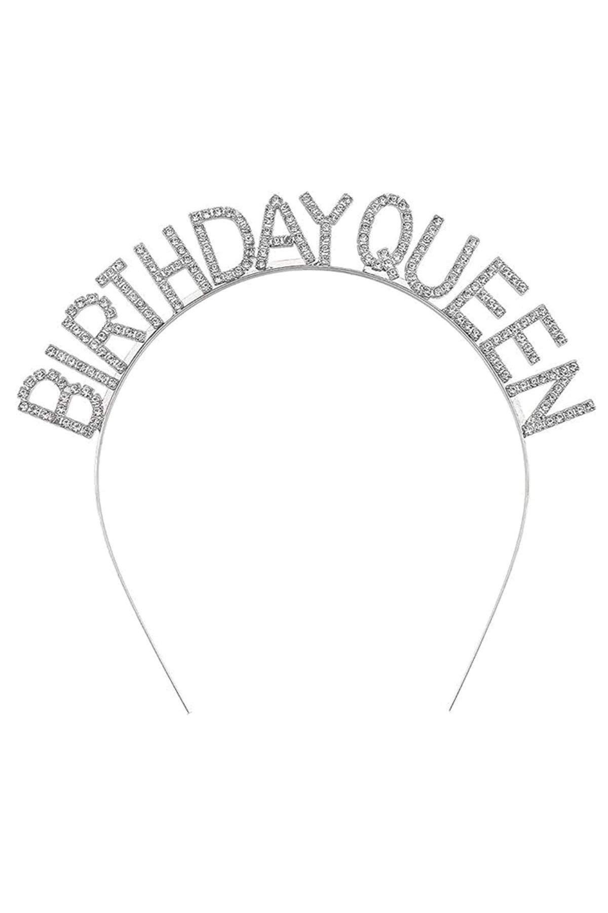 YNT İthalat Gümüş Renk Kristal Taşlı Parlak Birthday Queen Yazılı Kraliçe Taç 16x17 Cm