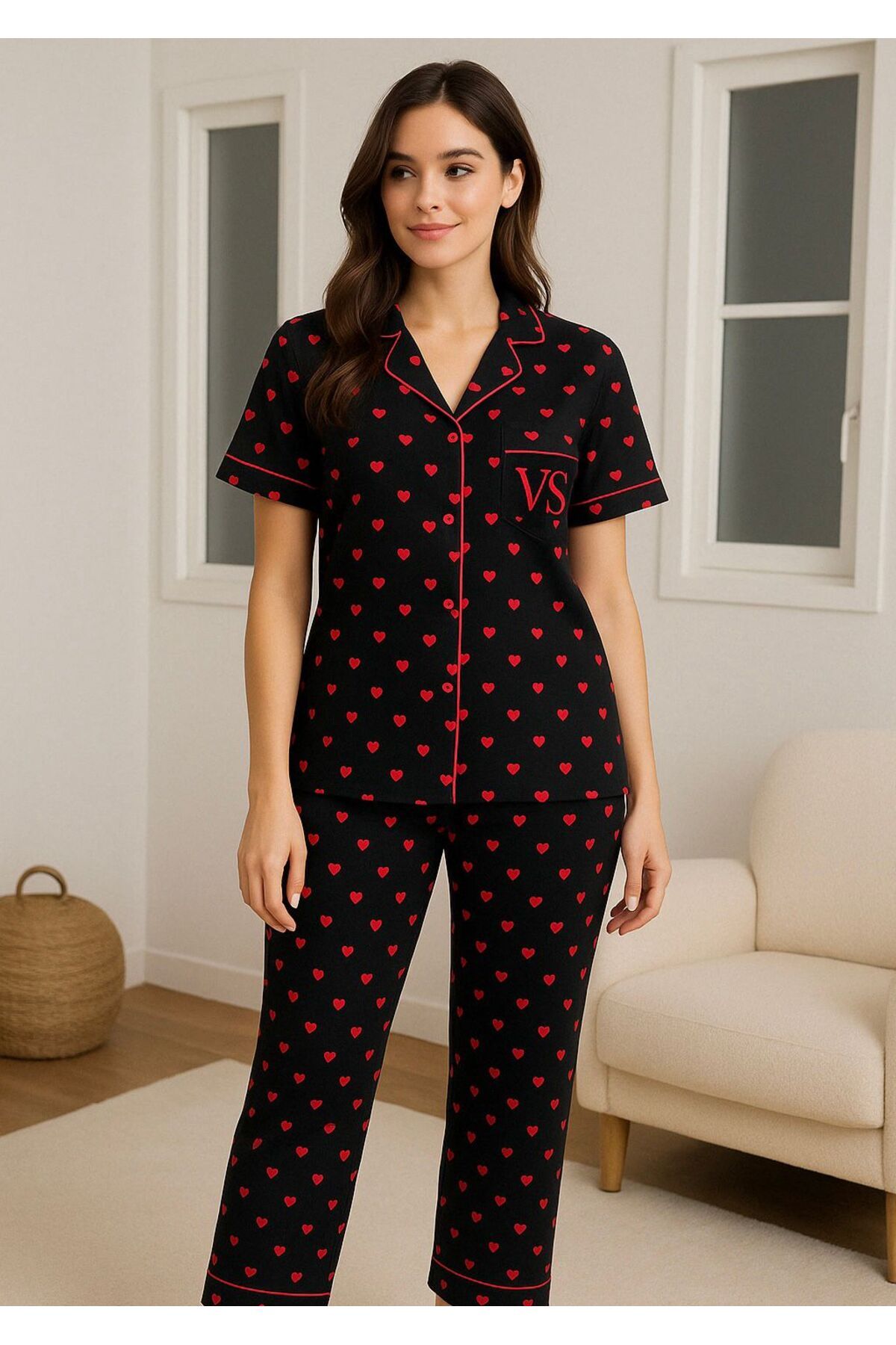 FENZO Kadın Siyah Kalpli Pamuklu Viskon Pijama Takımı Kısa Kollu Üst Uzun Pijama Alt Rahat Homewear