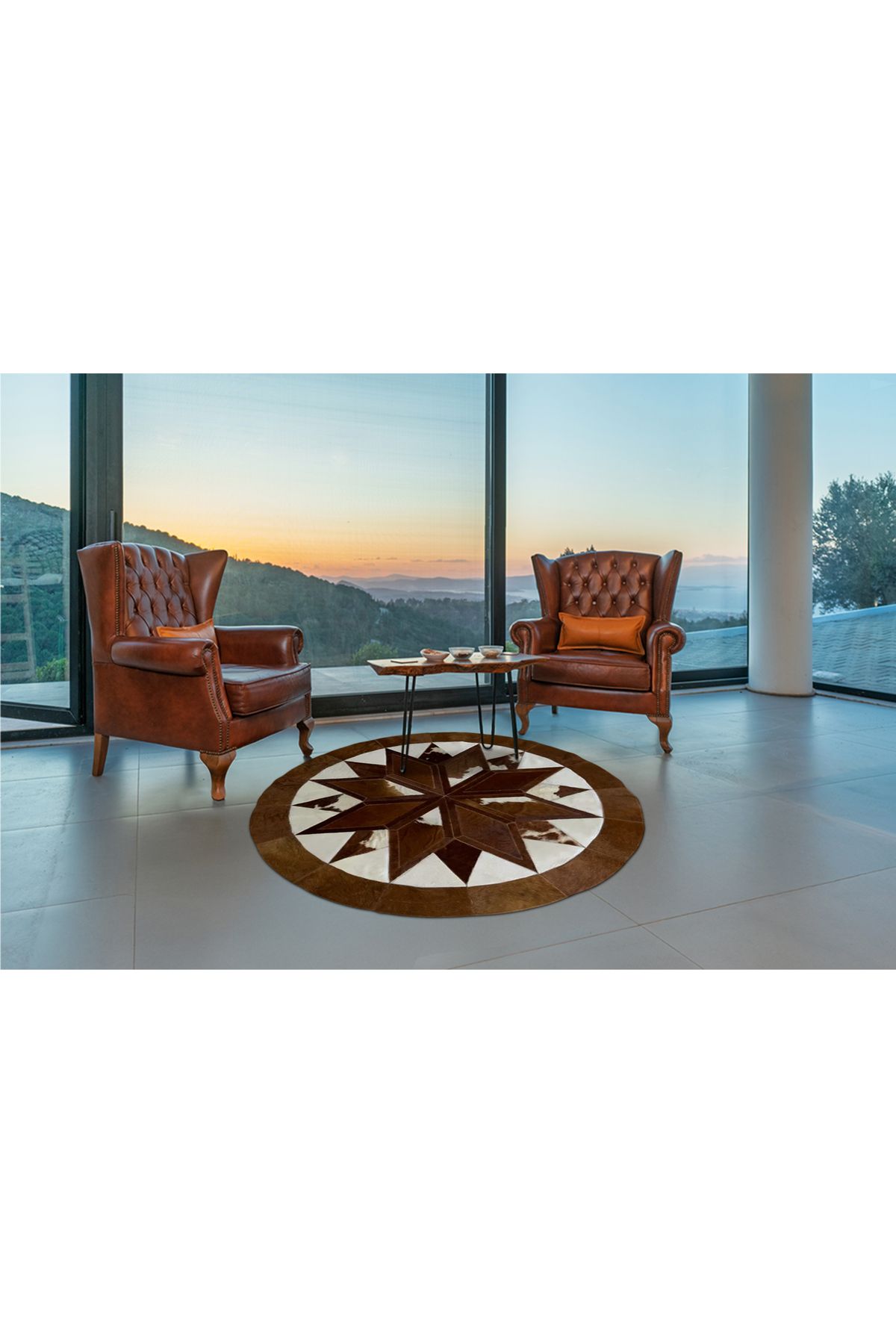 Barrio Rico %100 Doğal Dana Derisi Kaymaz Taban Premium Yuvarlak Patchwork Halı - Kahverengi Beyaz