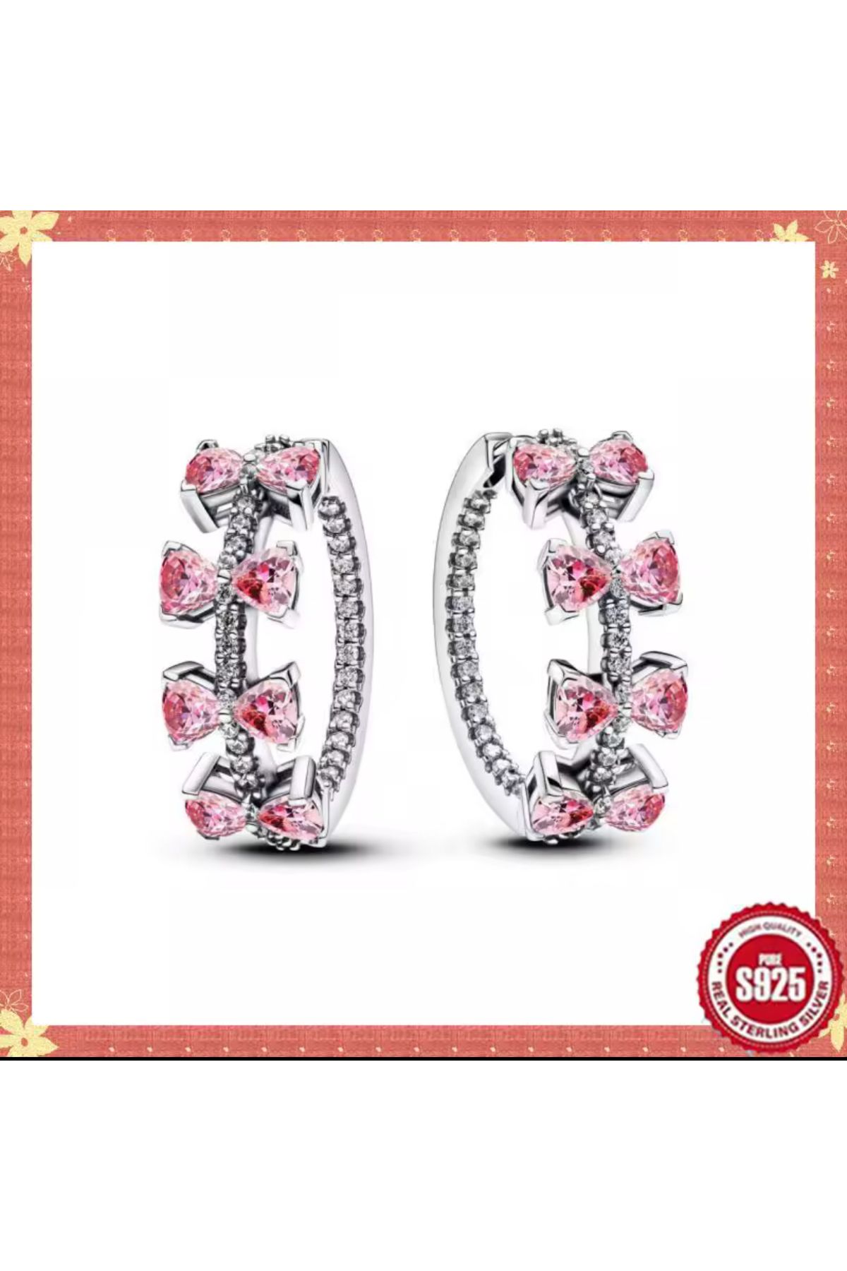 Hector&Co. Jewellery Gümüş Pembe Fiyonk Sıralı Halka Küpe