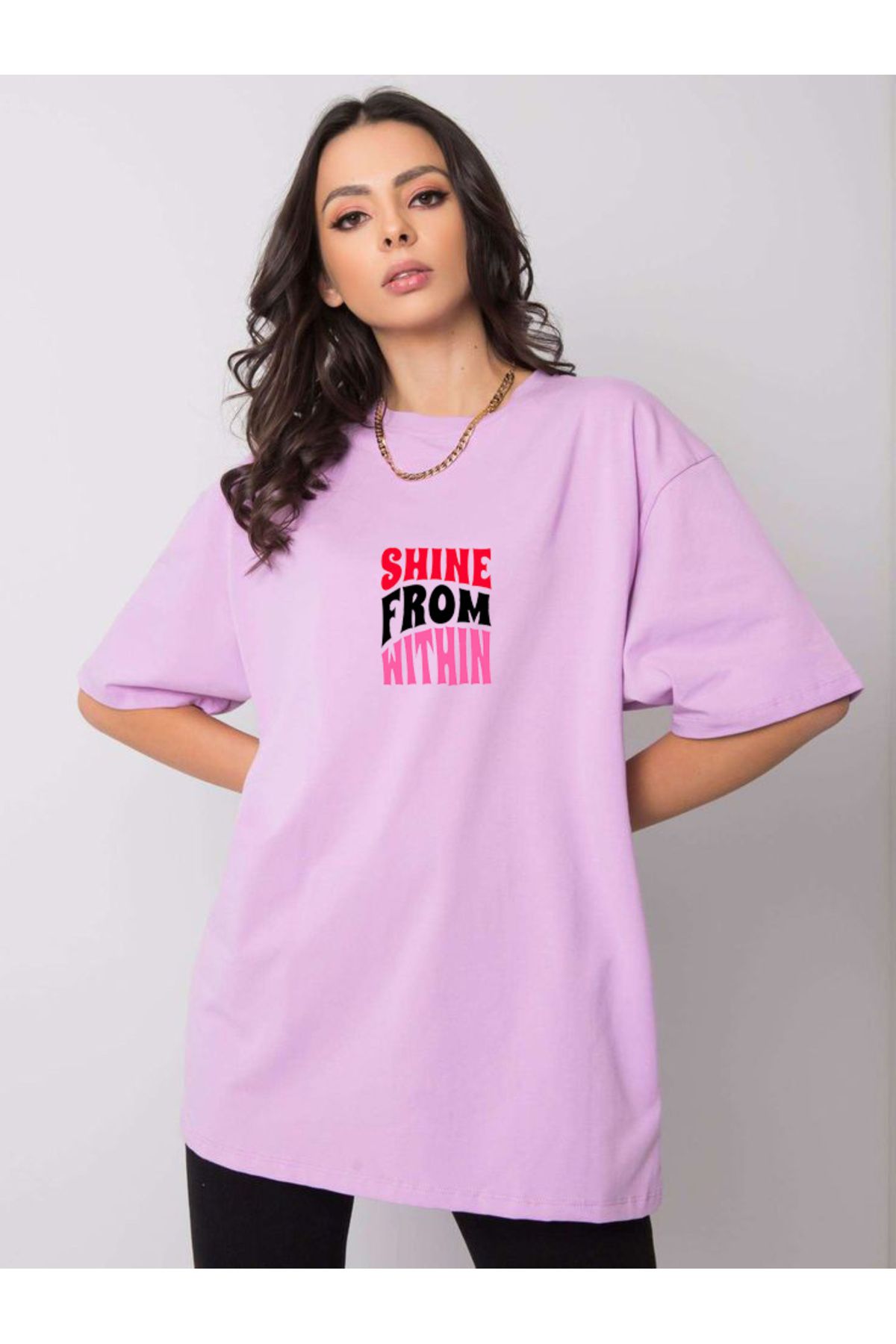 SEL WEAR Kadın yazlık pamuklu kumaş (SHİNE FROM WITHIN) baskılı oversize t-shirt