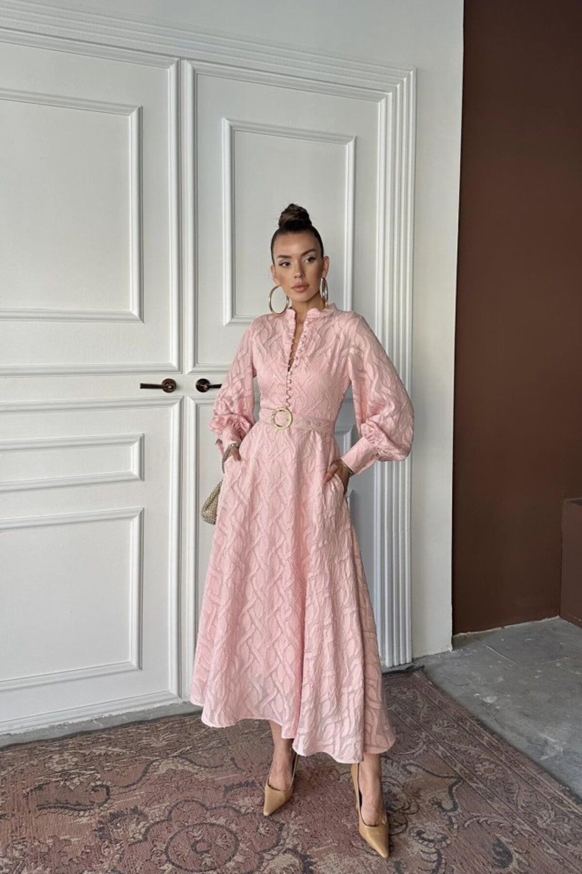 velmorafashion Pudra Kemer Detaylı Uzun Elbise
