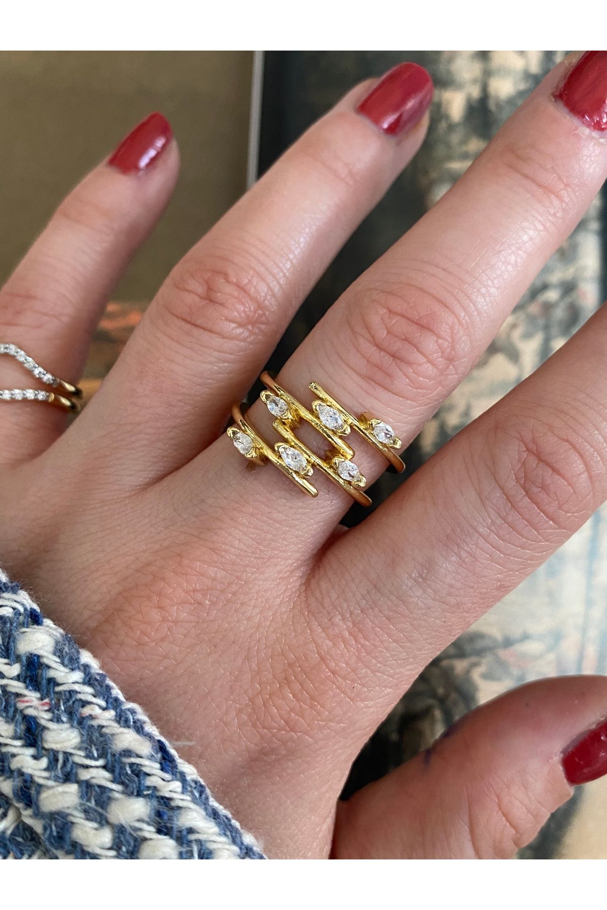 Pinery Jewels Sıralı Tek Taşlı Alttan Ayarlamalı Kadın Yüzük