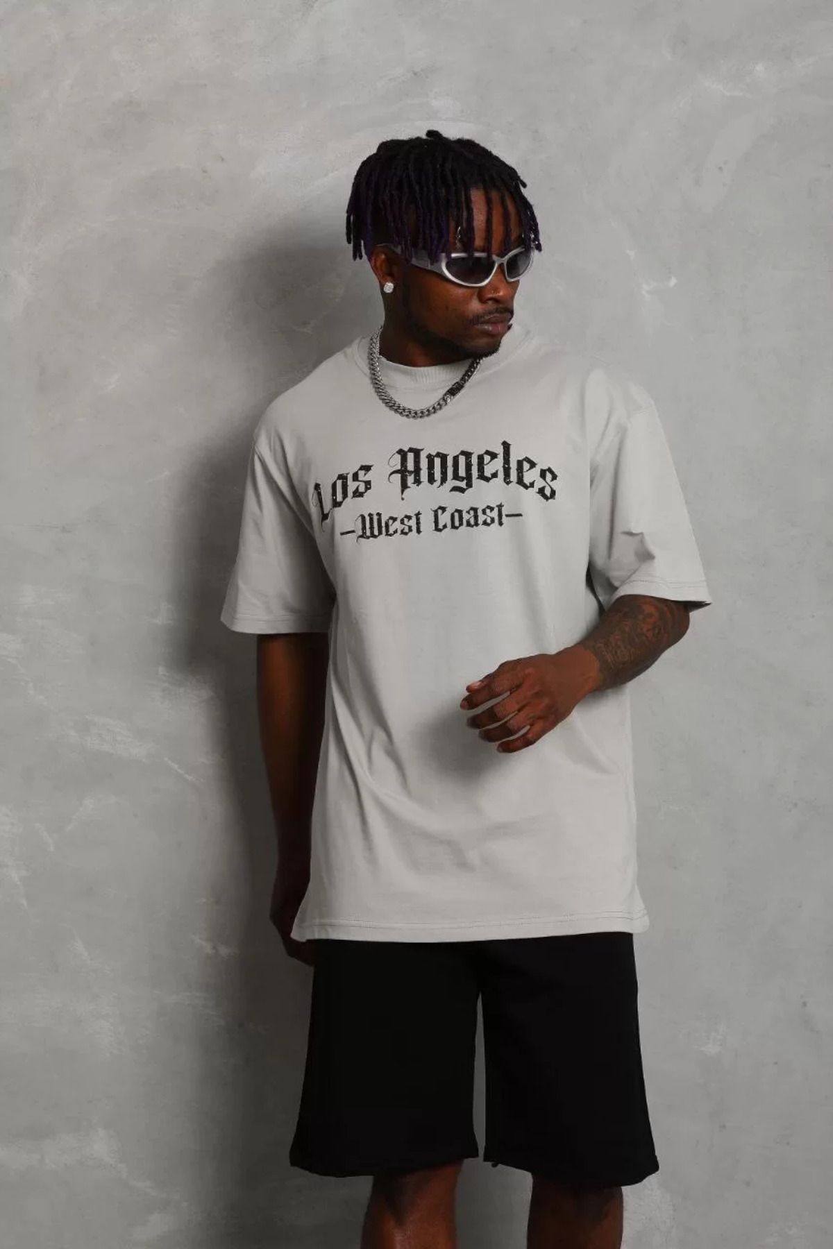 FantaziAtölyesi Unisex Oversize Baskılı Bisiklet Yaka T-Shirt - Gri