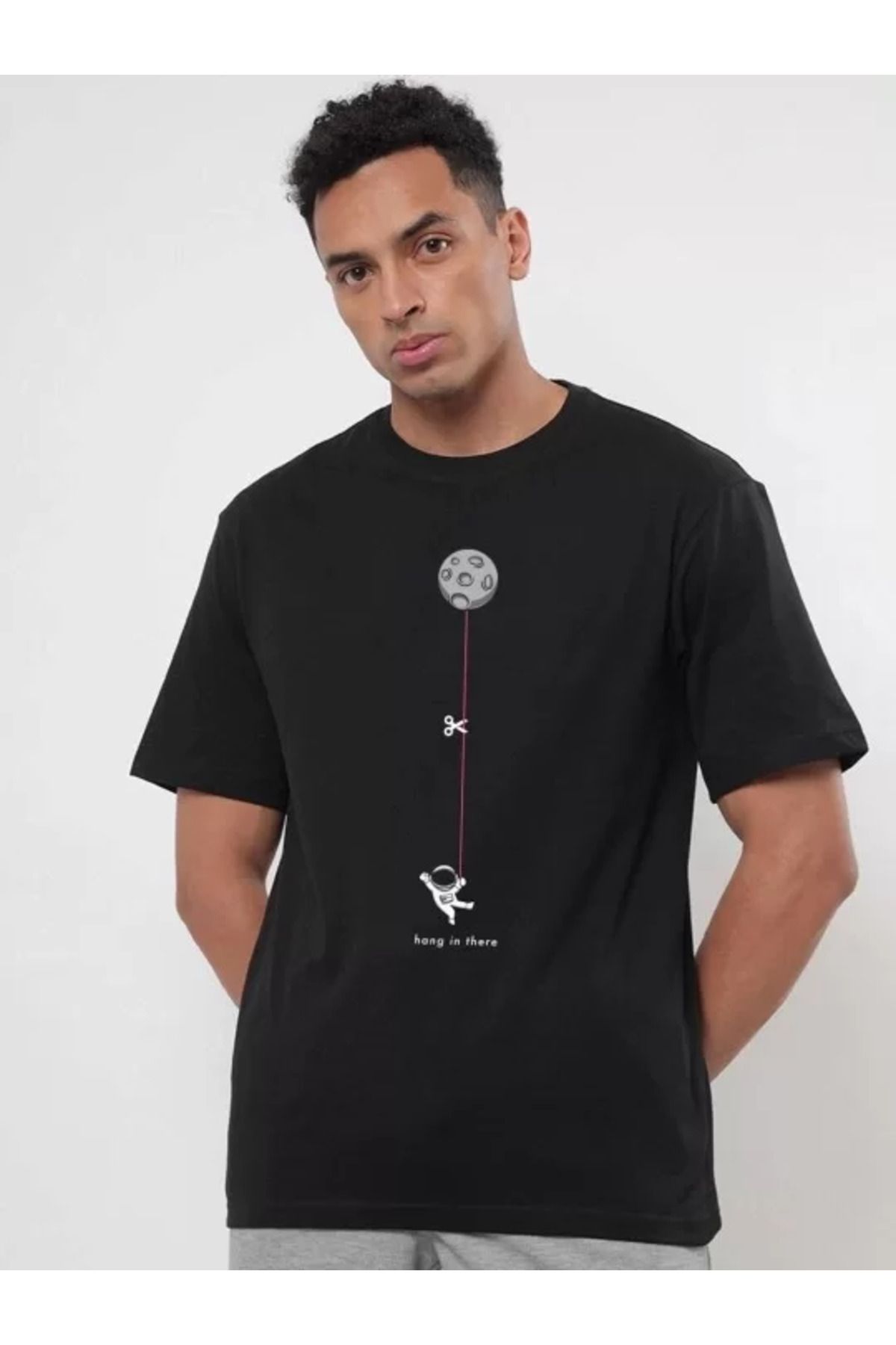 FantaziAtölyesi Erkek Baskılı Oversize T-shirt - Siyah