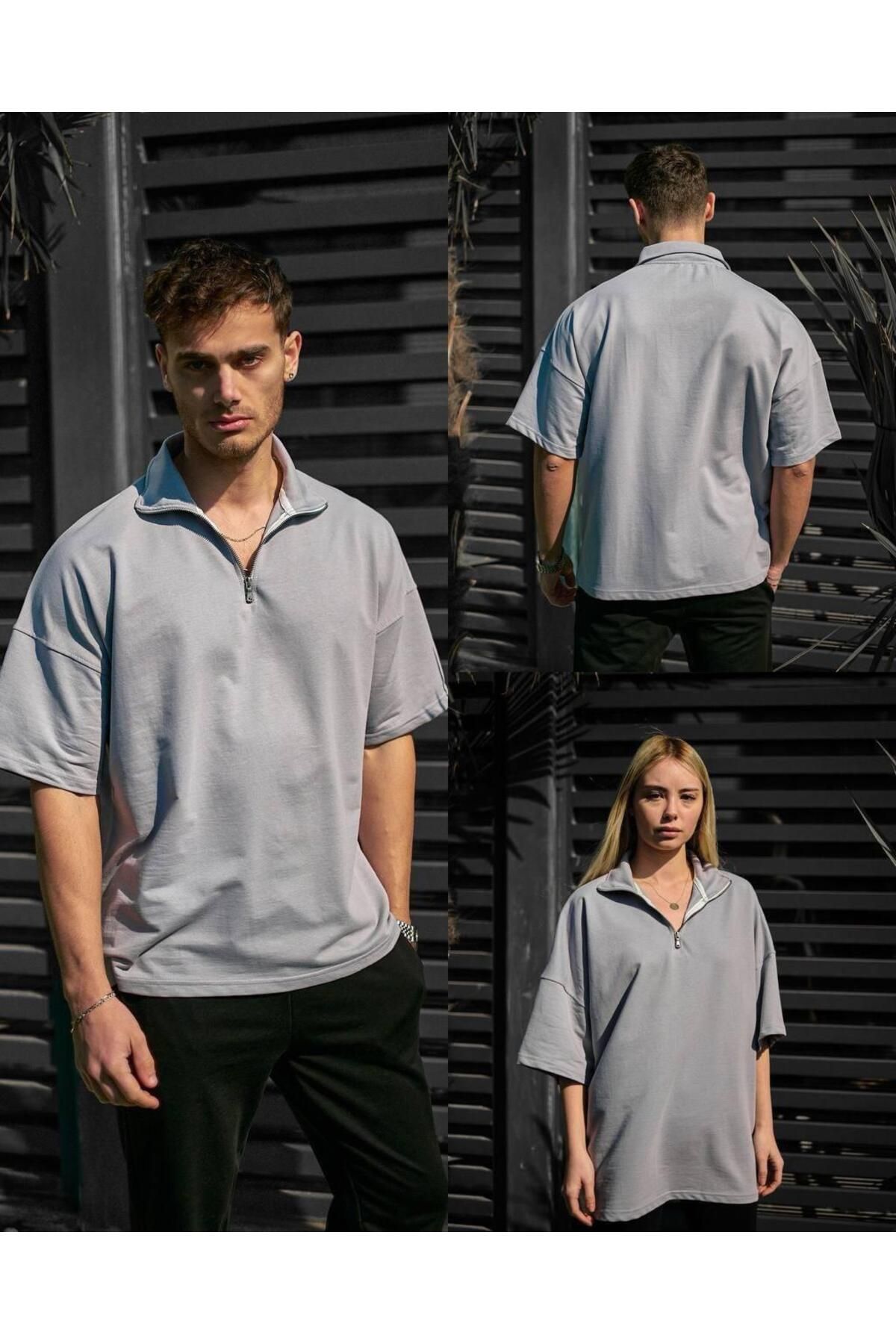 NOYA BUTİK Yarım Fermuarlı Unisex Oversize T-hsirt