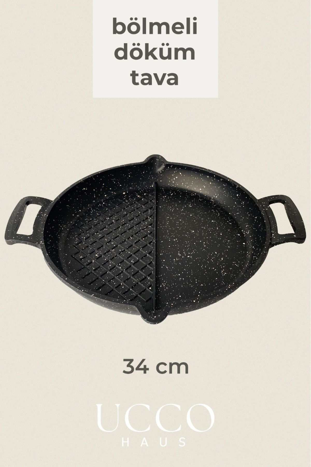 UCCO 34 Cm Çift Bölmeli Döküm Tava – Yapışmaz, Ergonomik Saplı, Grill, Izgara -Fırında kullanılabilir