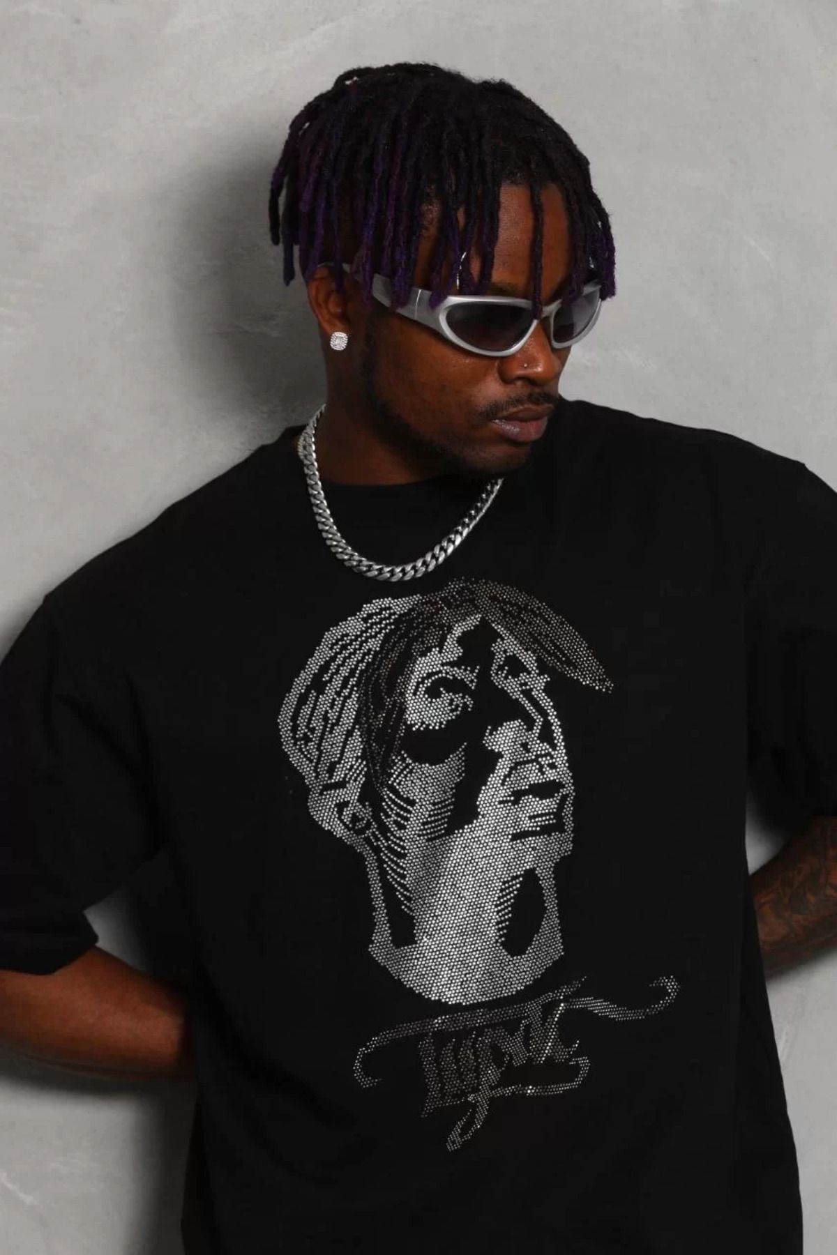 FantaziAtölyesi Unisex Oversize Taşlı Bisiklet Yaka T-Shirt - Siyah