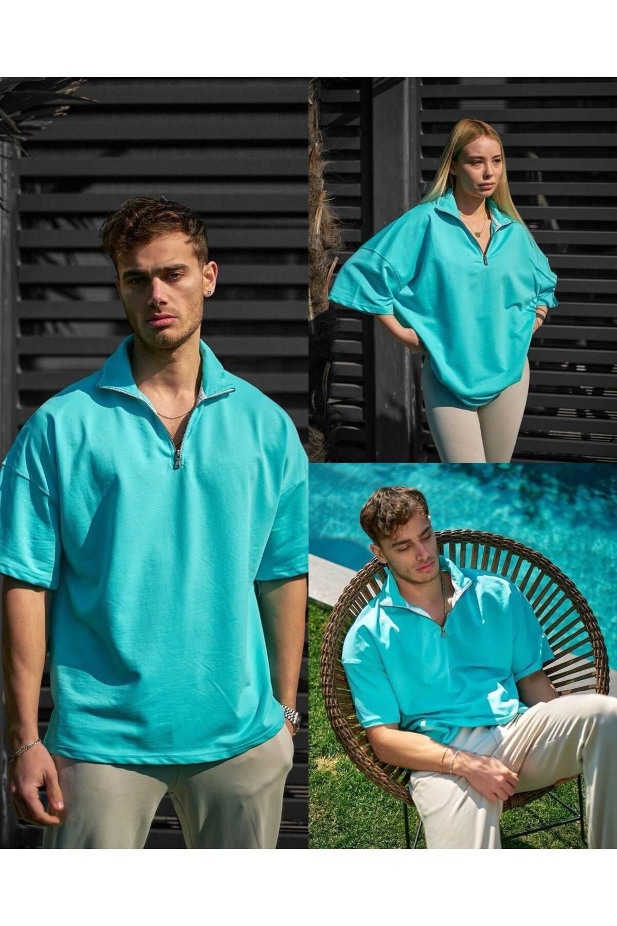 NOYA BUTİK Yarım Fermuarlı Unisex Oversize T-hsirt