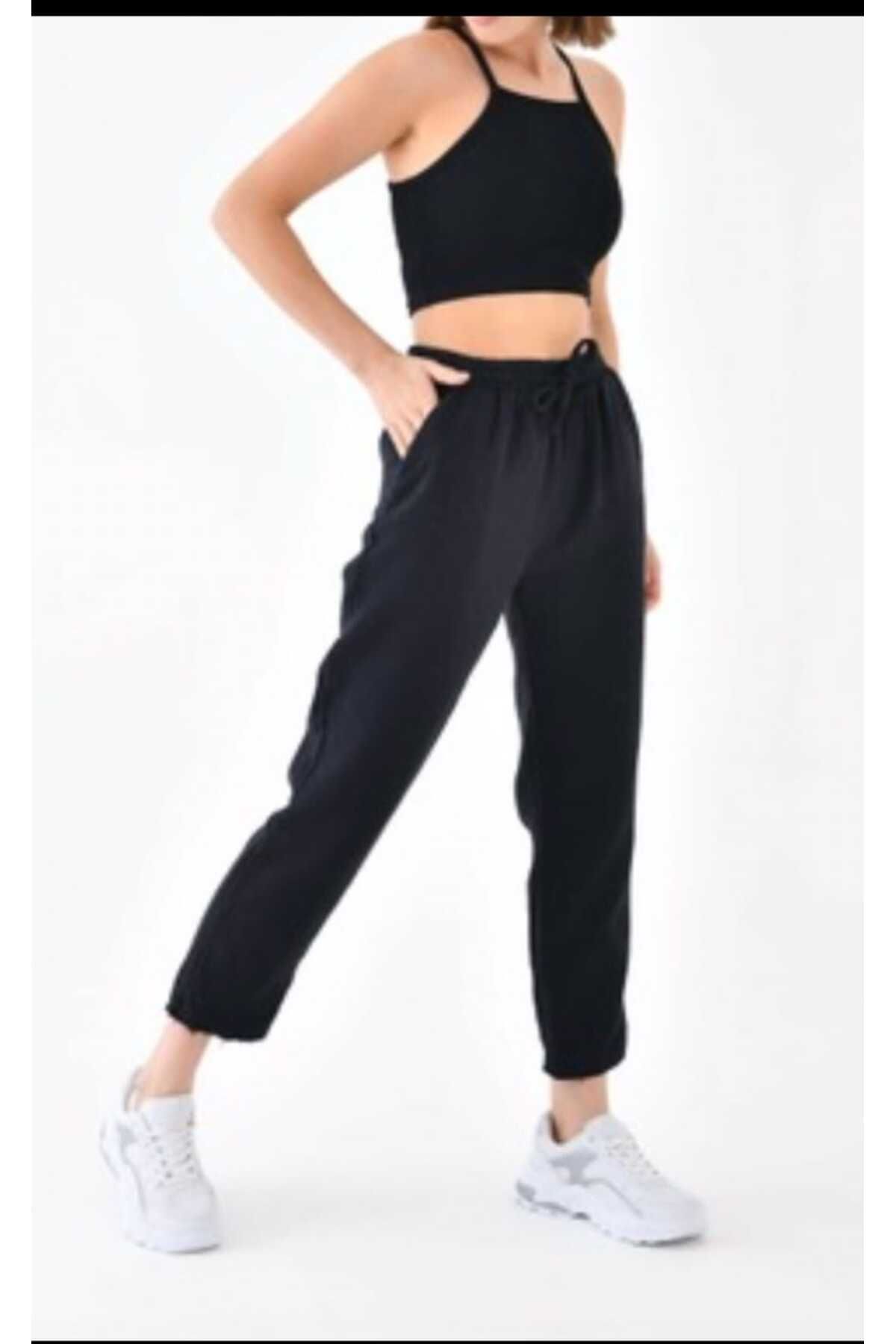 MODA Kadın Beli Lastikli Dar Paça Müslim Keten Pantolon