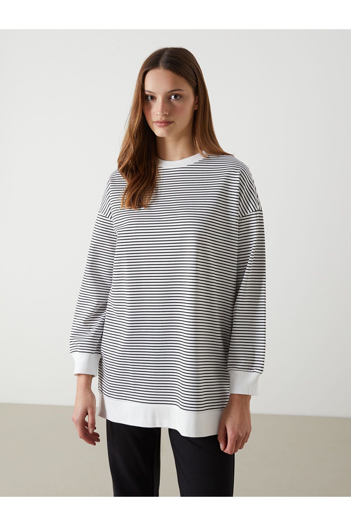 LC Waikiki Çizgili Oversize Kadın Sweatshirt Tunik