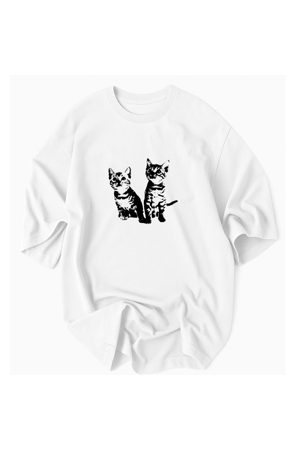 JDM Kedi Tema Baskılı %100 Pamuklu Oversize Tshirt tişört