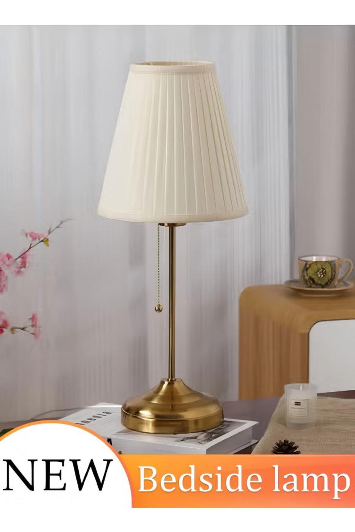 Generic-Bedside Metal Table Lamp Fabric Lampshade Pull Cord Switch Bedside Table Bedroom Table Lamp 1