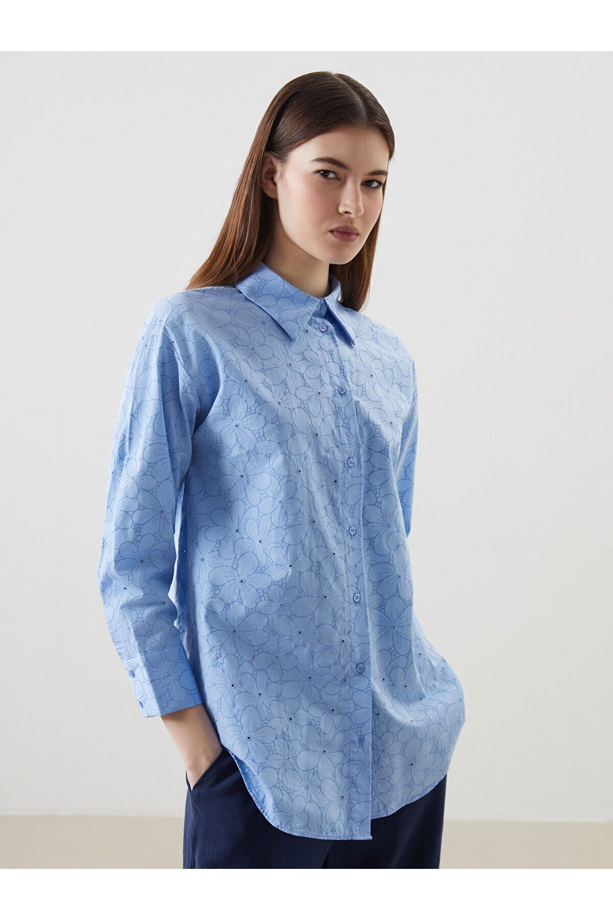 LC Waikiki Çiçekli Oversize Poplin Kadın Gömlek Tunik