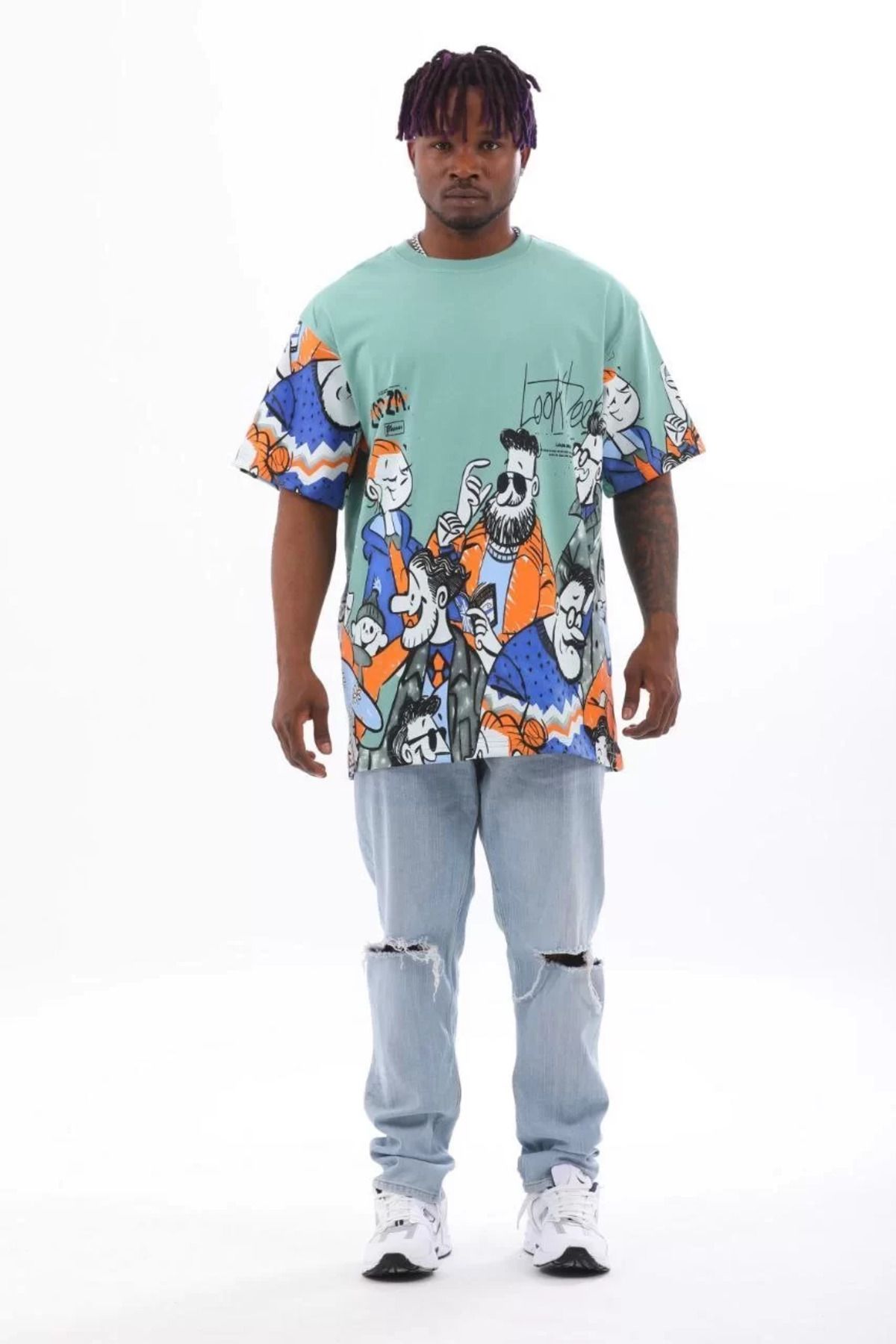 FantaziAtölyesi Unisex Oversize Baskılı Bisiklet Yaka T-Shirt - Mint Yeşili