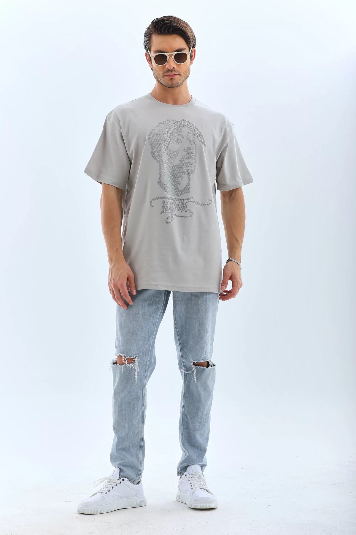 FantaziAtölyesi Unisex Oversize Taşlı Bisiklet Yaka T-Shirt - Gri