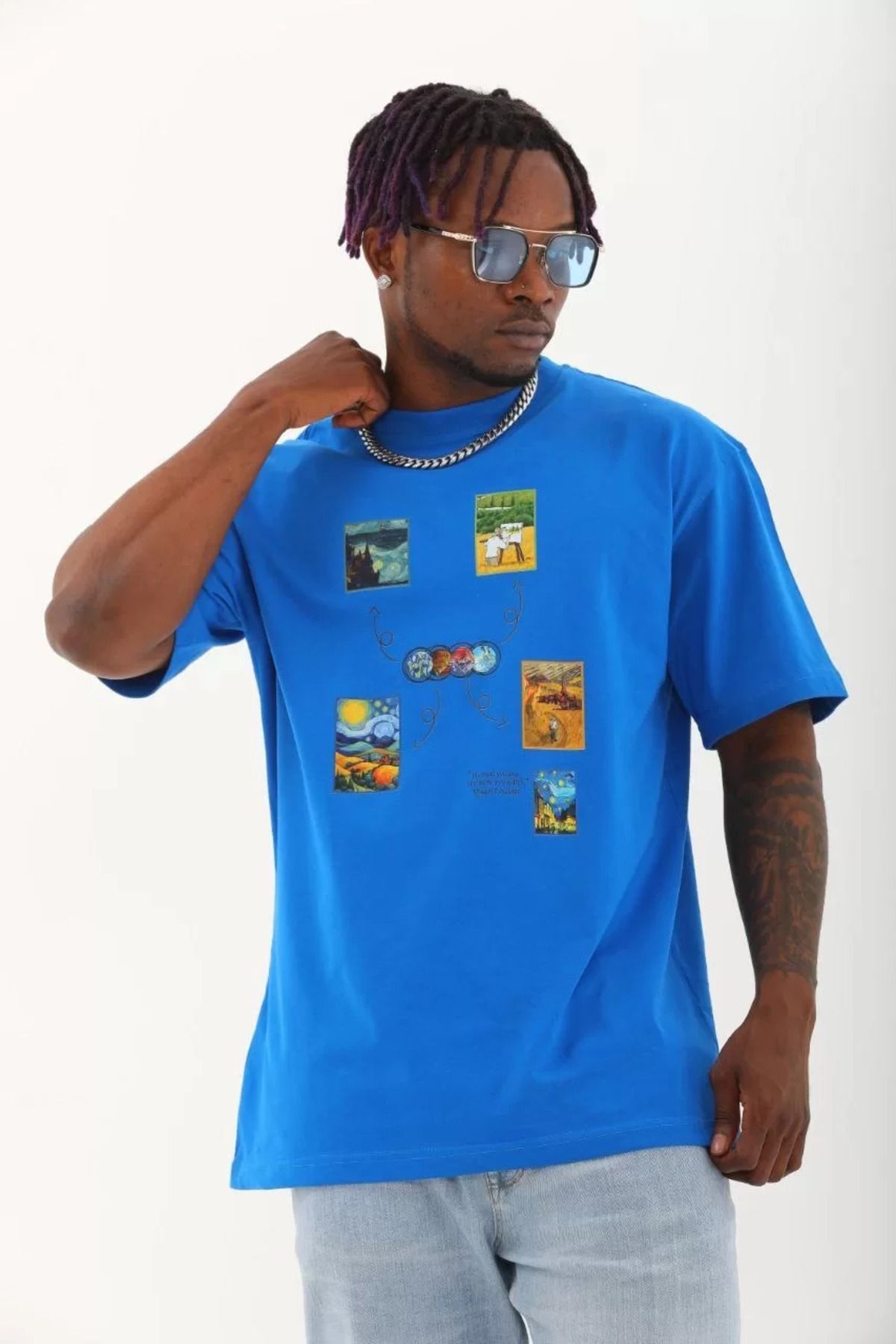 FantaziAtölyesi Unisex Oversize Baskılı Bisiklet Yaka T-Shirt - Mavi