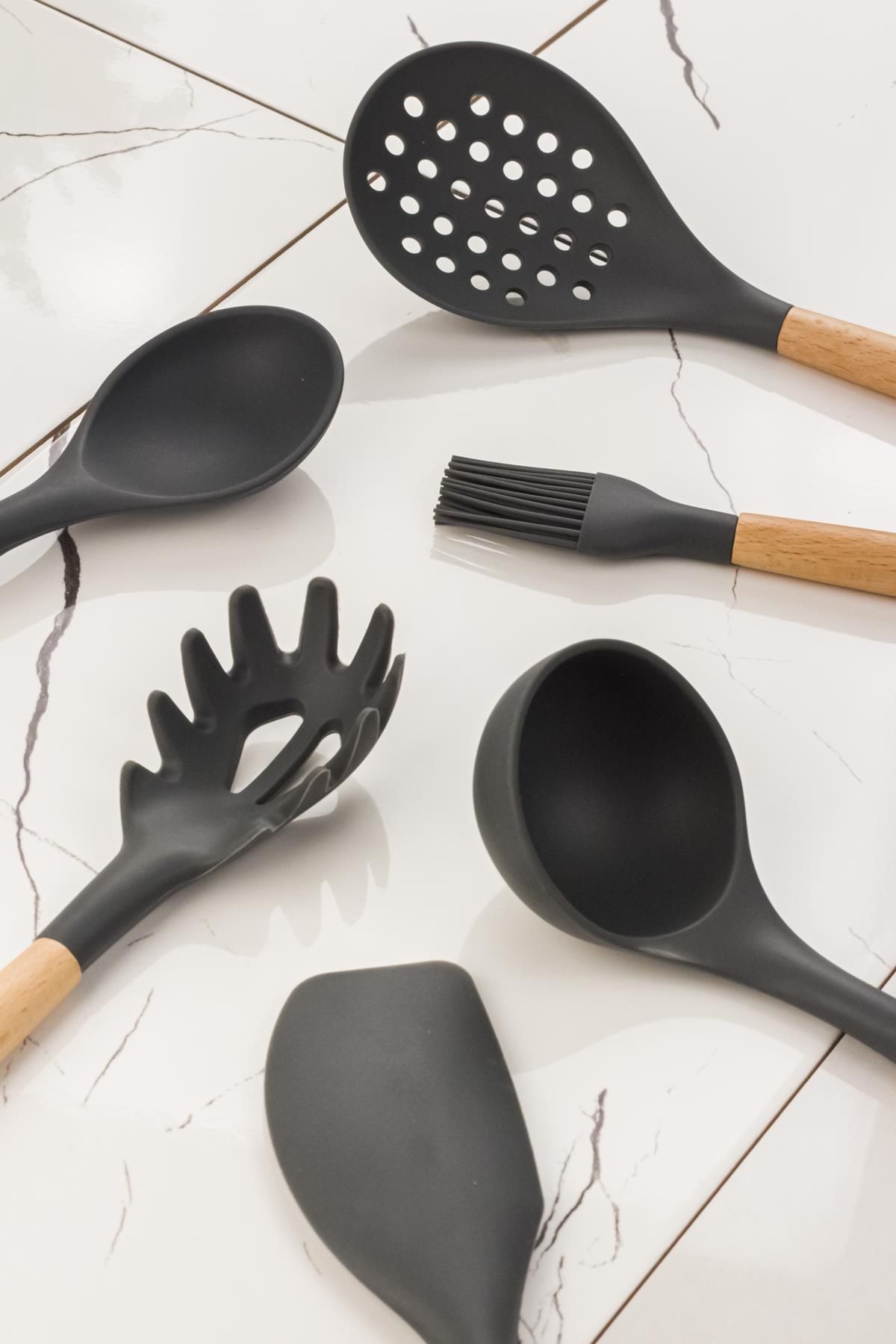 Shop58 6'lı Lüx Bambu Saplı Silikon Servis Seti Gri