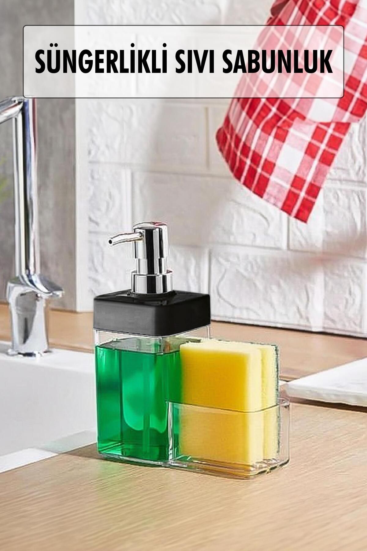 Shop58 Siyah Renkli Sıvı Sabunluk Süngerlik Hazneli 450 ml